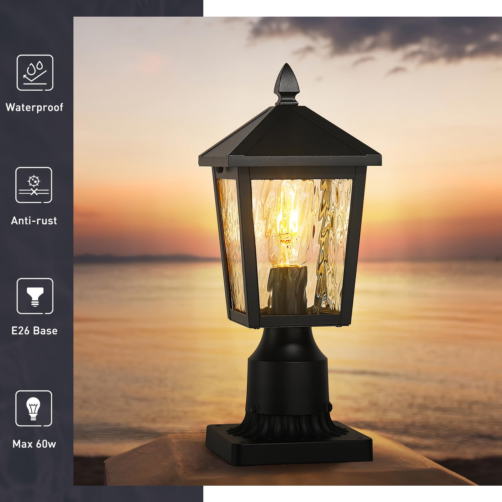 Zeyu 13.6 Inch Outdoor Light Fixture For Post, Exterior Post Light Fixtures For Patio, Die-Cast Aluminum With Water Ripple Glass