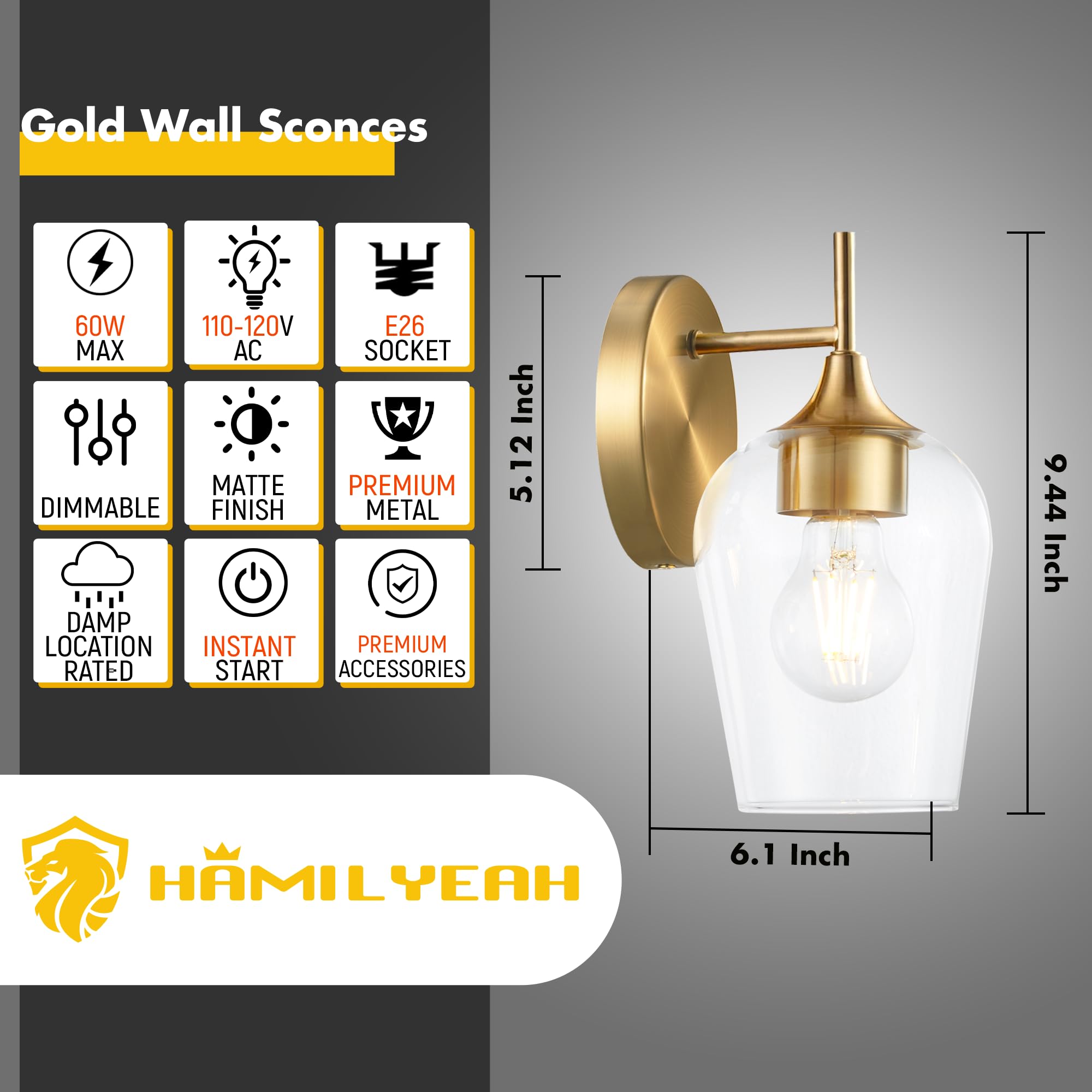 Hamilyeah Gold Wall Sconces Set of 2, Modern Vintage Brass Lighting with Clear Champagne Glass Shade for Bathroom, Bedroom, Kitchen
