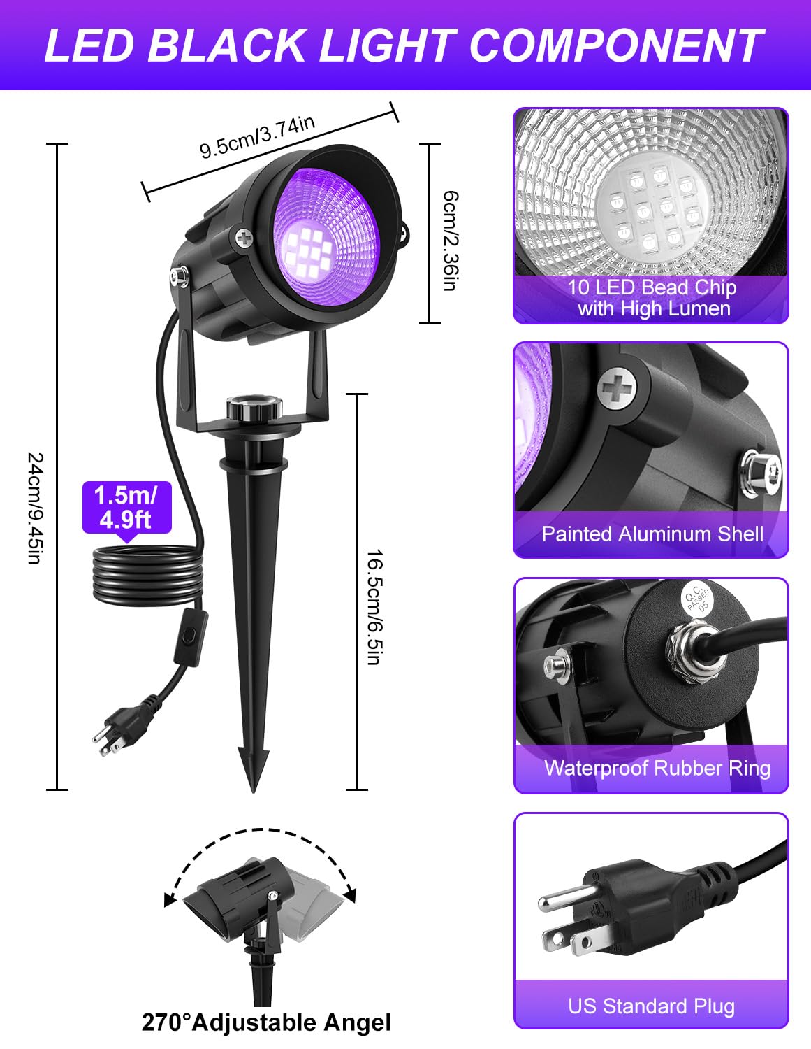 Crepow Outdoor Black Light Spotlight  Led Black Lights Waterproof Landscape Lights With Us Plug For Glow Party Body discomfort-reducingt Fluorescent Poster Stage Lighting Yard Garden Halloween Decoration(6 Pack)