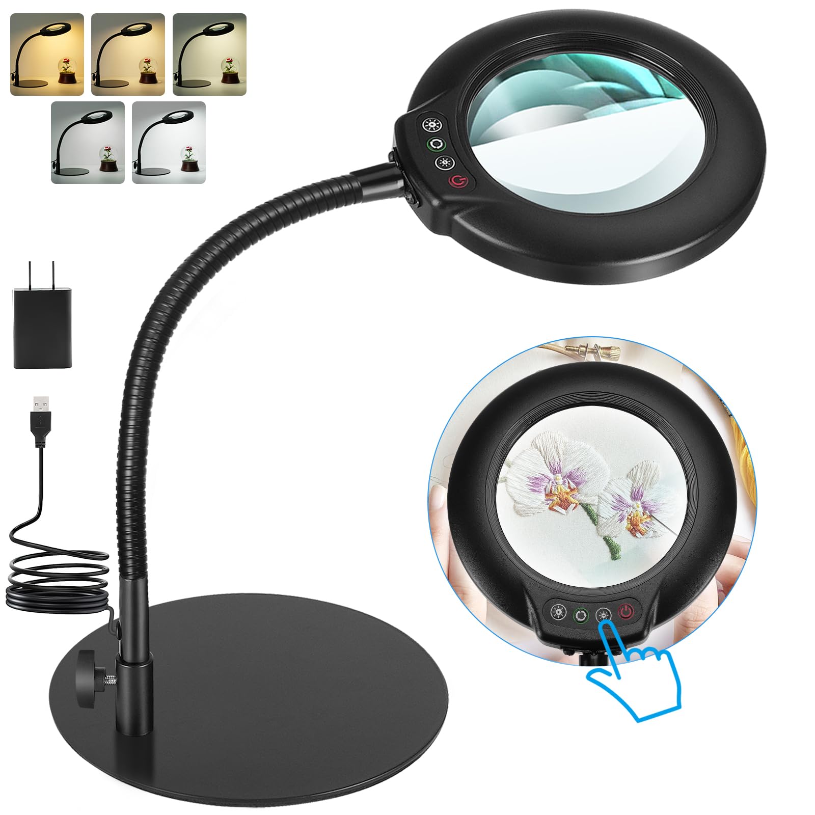 IVMAIE 10X Magnifying Glass with Light, Flexible Gooseneck, 5 Dimmable LED Modes, Real Glass, Black