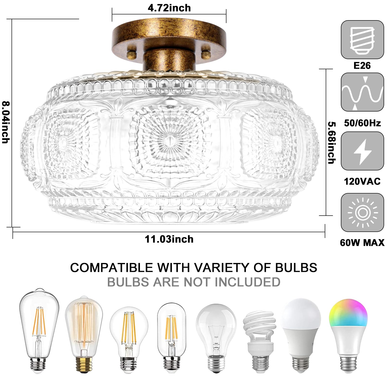 OYKYOHEI Semi Flush Mount Ceiling Light, Antique Bronze Glass, 11.03 inch, Vintage Style for Hallway, Kitchen, Bedroom, Dining Room