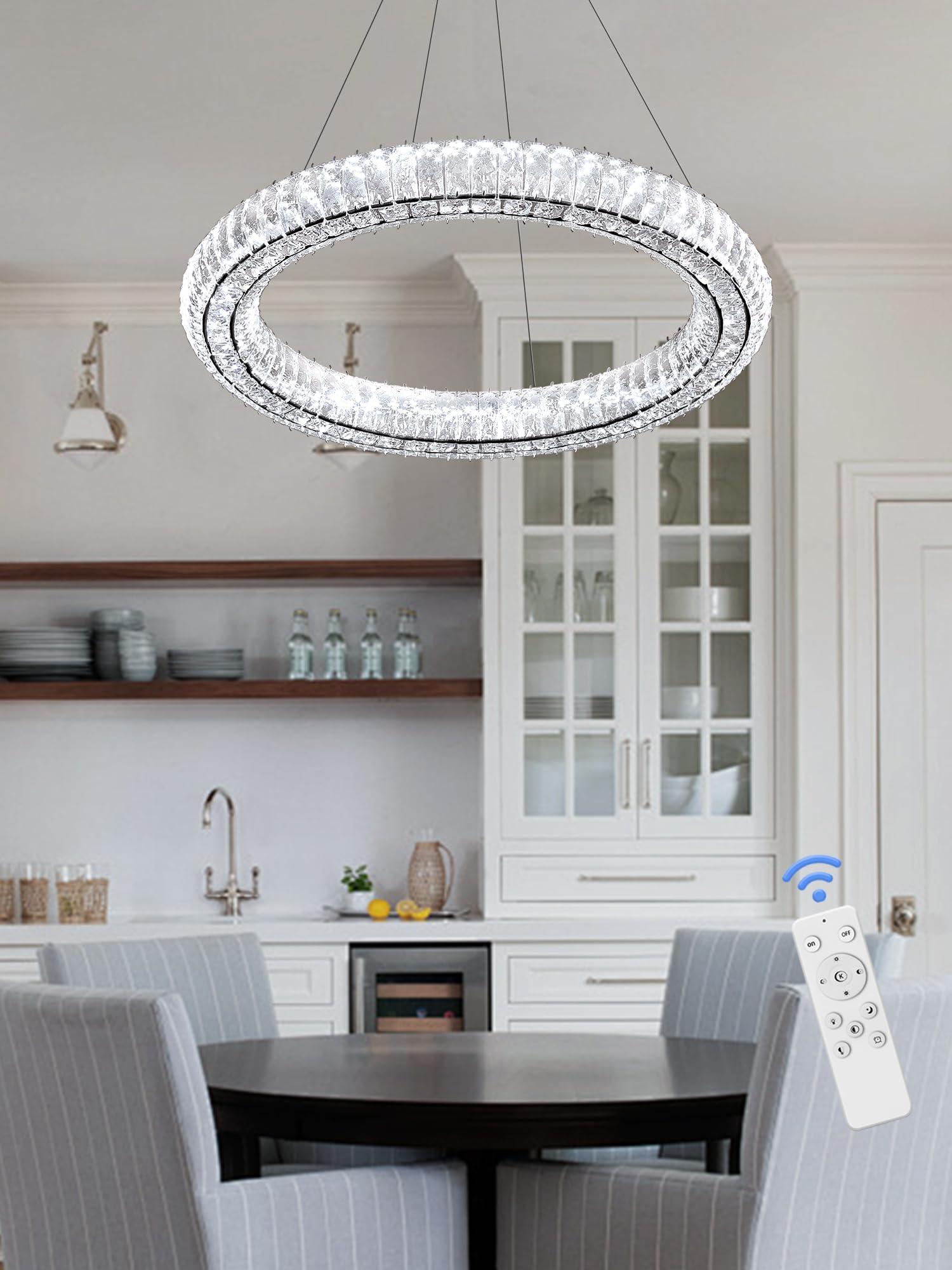 Idequy Modern Black Crystal Chandelier Dimmable Led 23.6'' Ring Pendant Light Adjustable Round Crystal Chandelier Light Fixtures