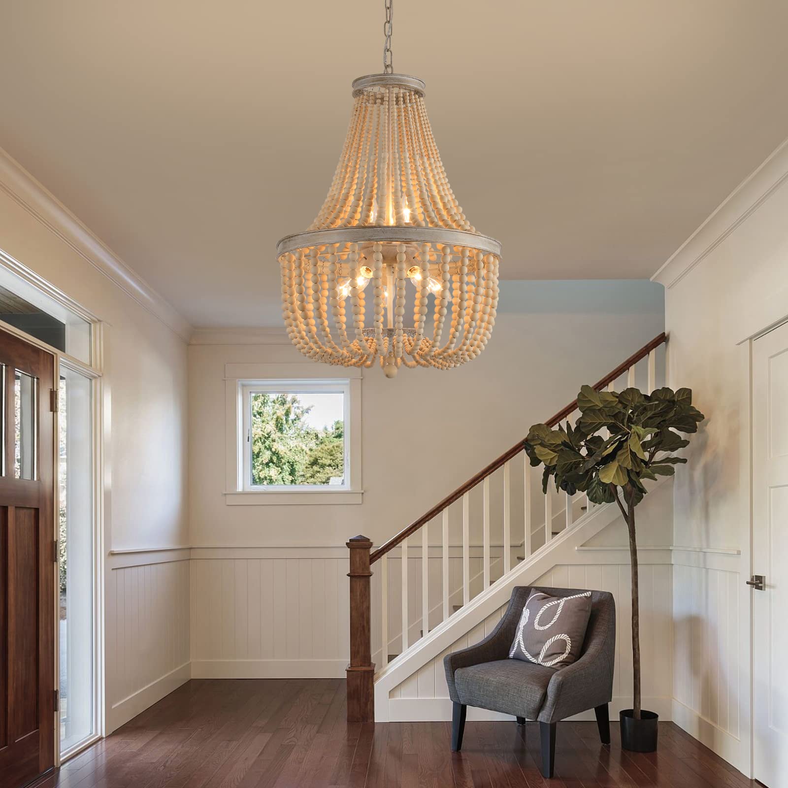 Q&S Farmhouse Wood Beaded Chandelier, 8-Light Rustic Pendant Light Fixture, Oak White, UL Listed, Medium Size for Living Room, Dining Room, Office