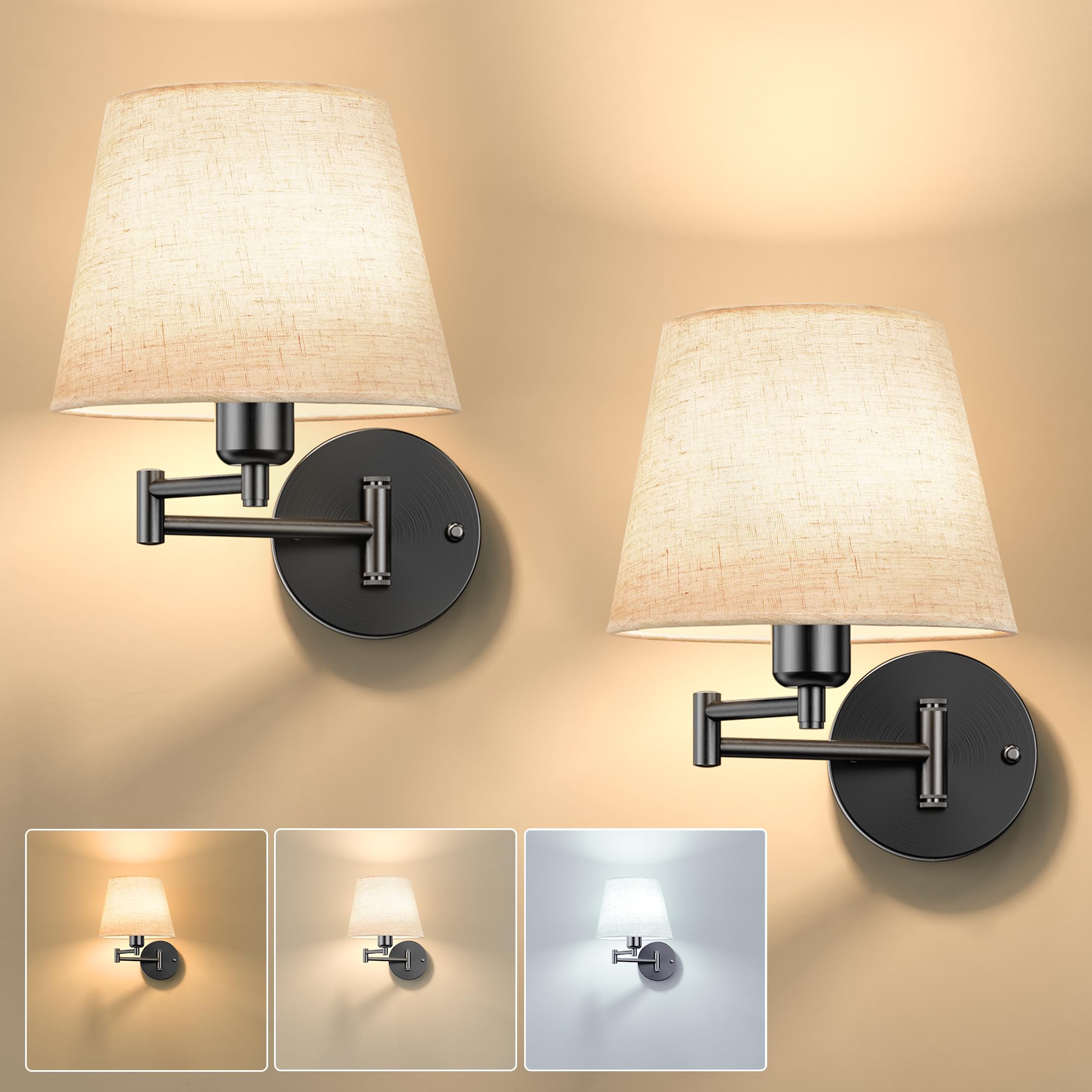 Onwecen Wall Sconces Set of Two, Wireless Swing Arm Lights, 10000mAh RGB Bulb, Remote Control, Fabric Shade, Black, Model SPU19