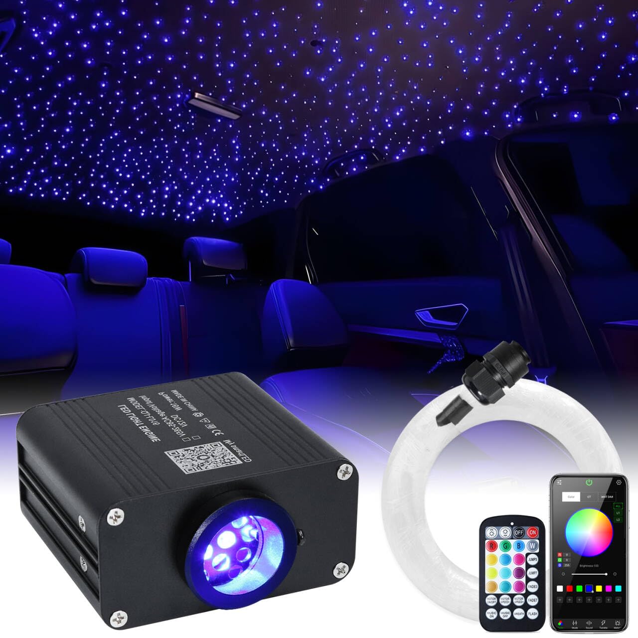 WEBUPAR Starlight Headliner Kit - RGBW Fiber Optic Car Lights, 650 pcs, 0.03in x 9.8ft, Bluetooth APP & Remote Control, Color