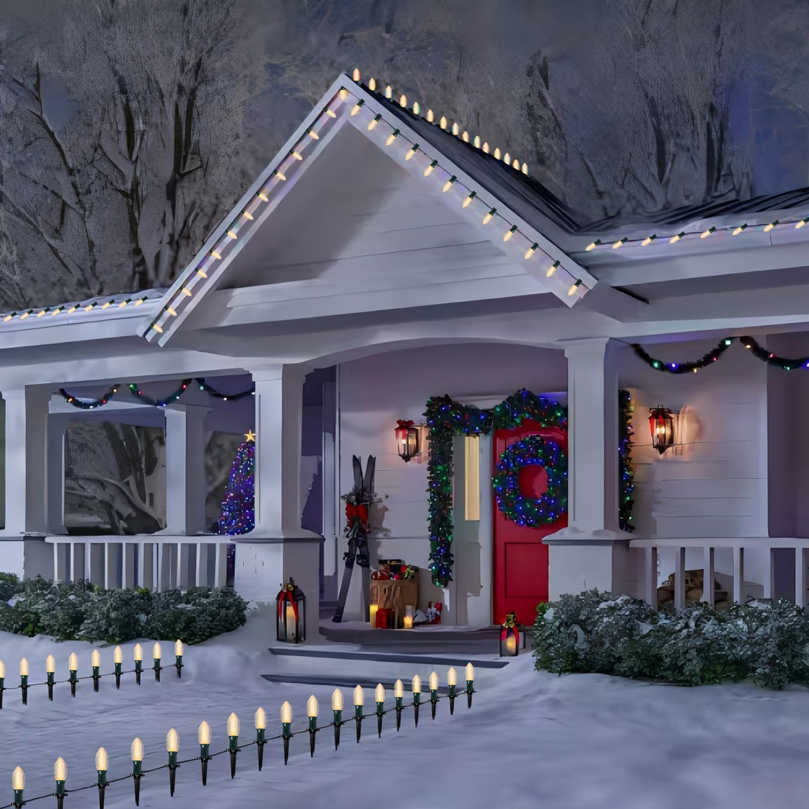 38Ft C9 Led Christmas Pathway Lights Outdoor, 25 C9 Led Warm White Bulbs String Lights Waterproof With Stakes, Connectable Chris