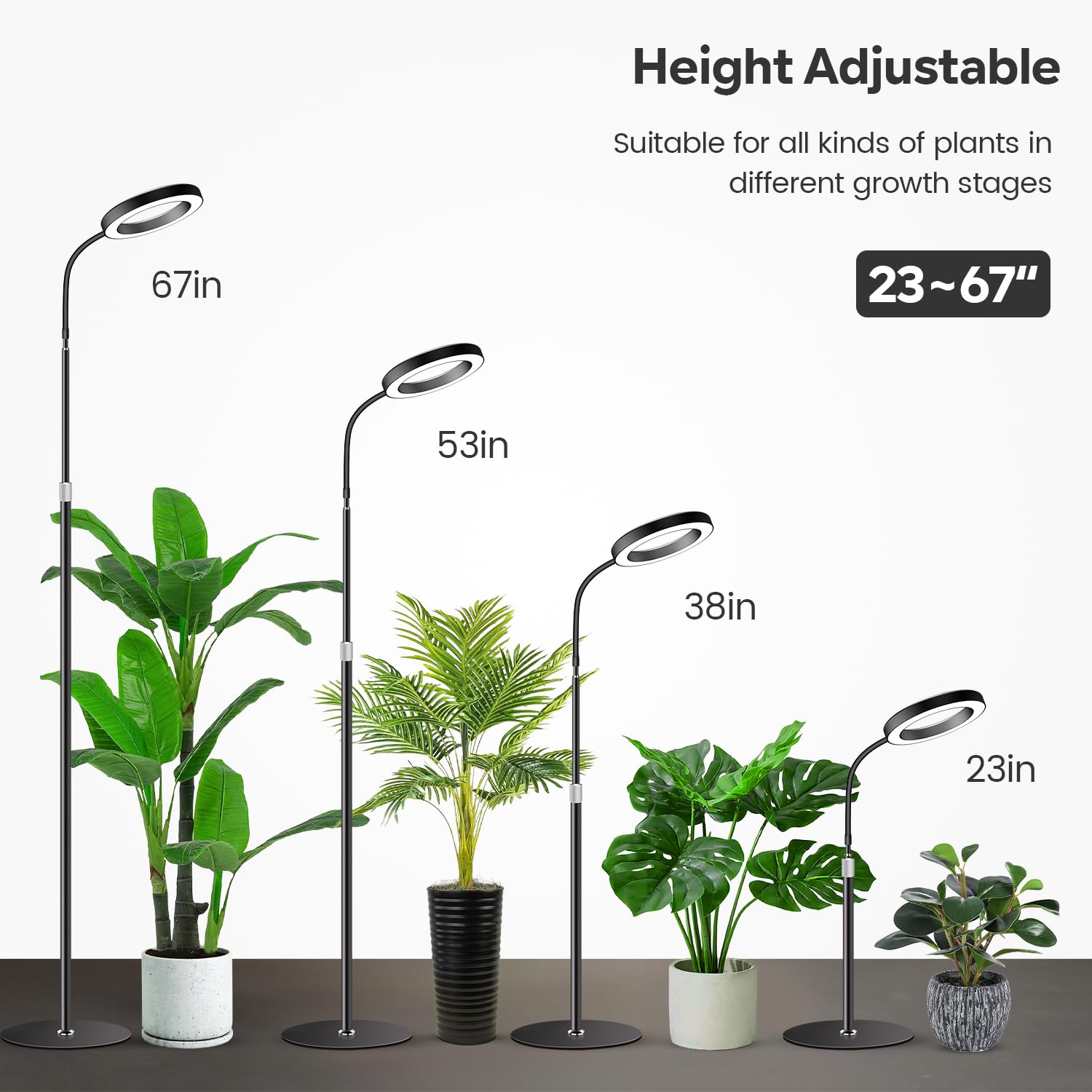 Garpsen Full Spectrum LED Grow Light for Indoor Plants, 67" Adjustable Height, 3 Color Modes, Black, Model BL-B20A