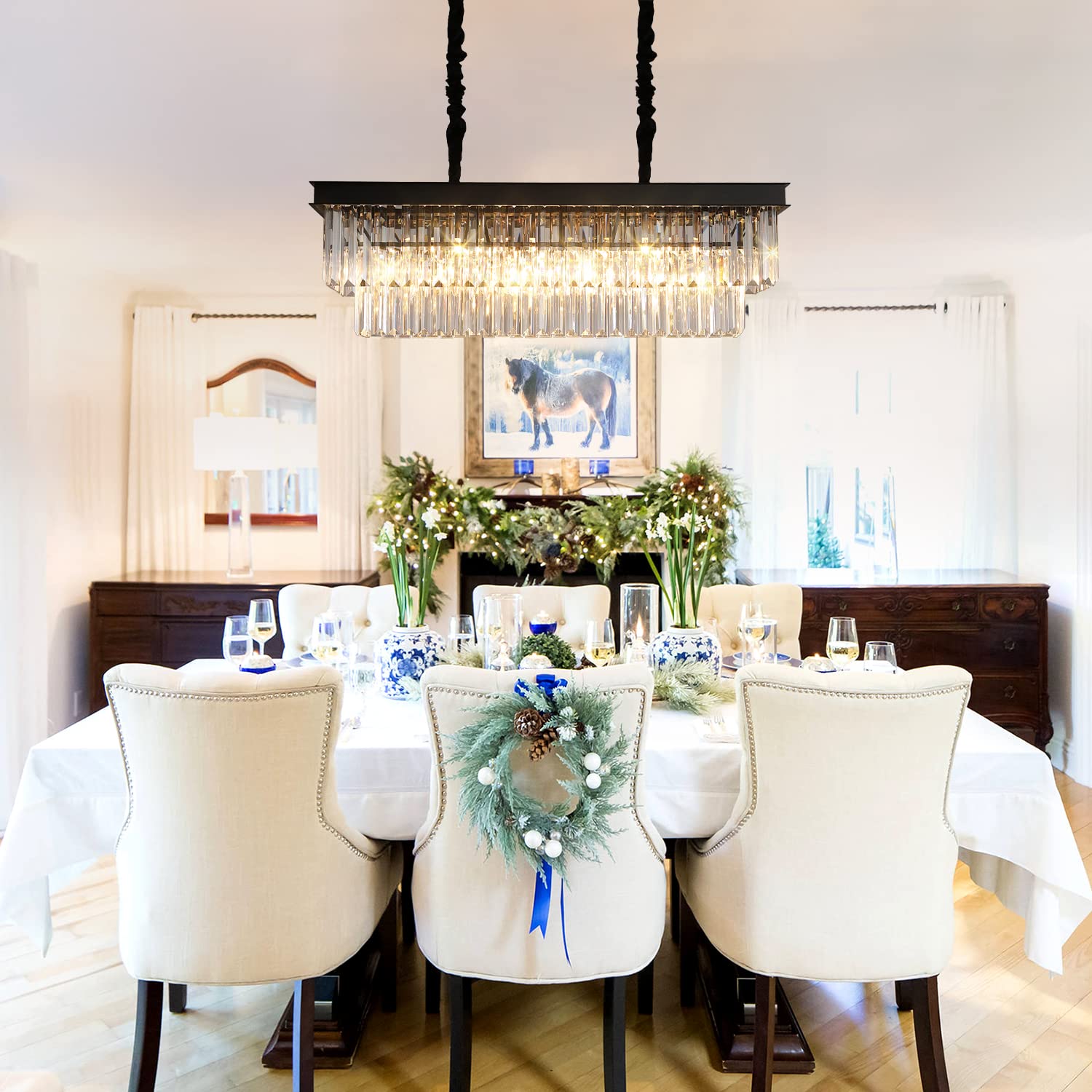 A AXILIXI Rectangular Black Crystal Chandelier, 33” Stainless Steel Pendant Light for Dining Room & Kitchen Island