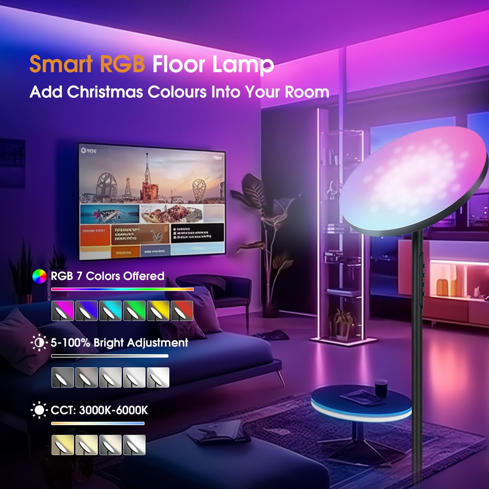 hanaking Floor Lamp, 36W RGB Color Changing Torchiere, Remote Control, Matte Black, Model MF30002