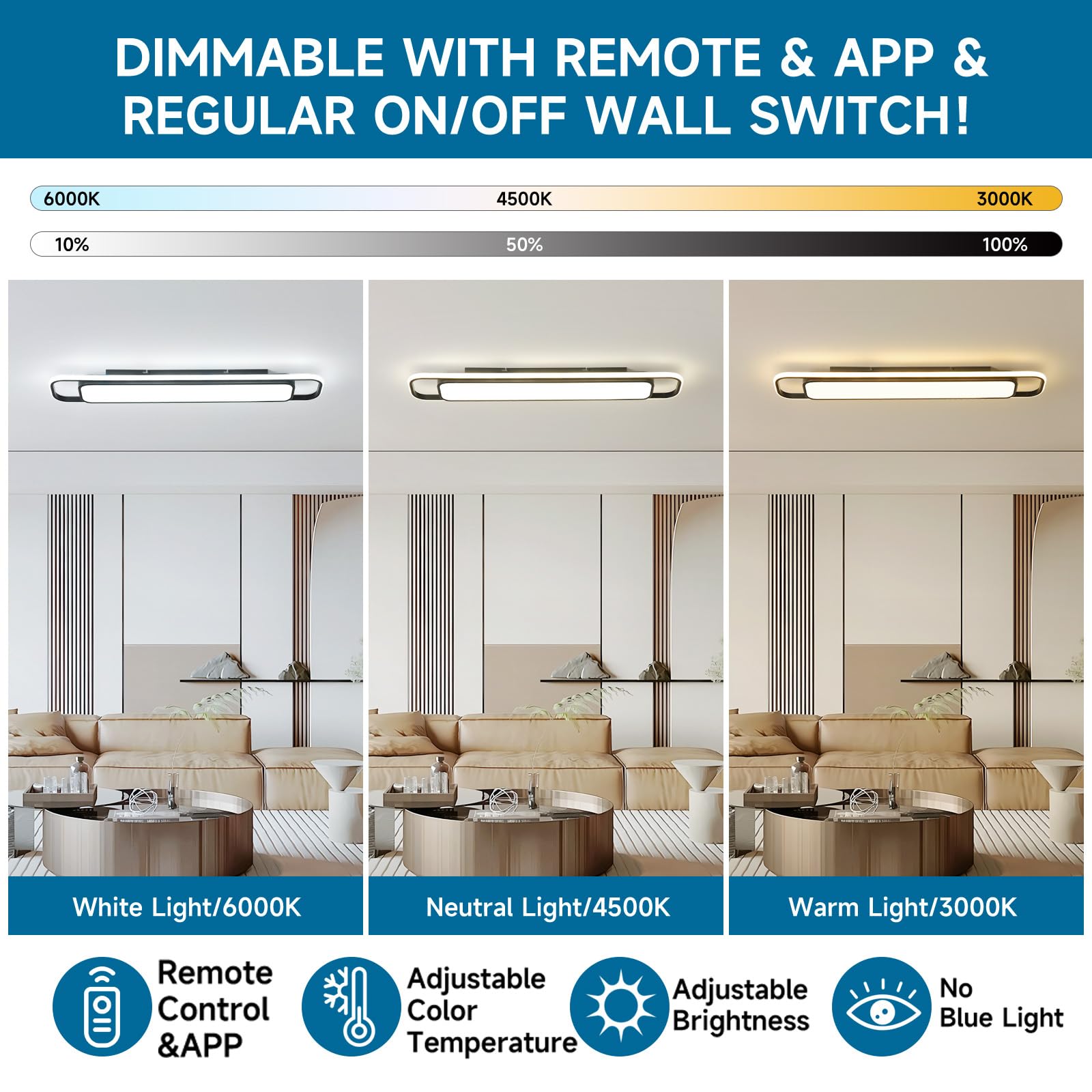 Oranoor Modern Led Ceiling Lighting With Remote  70W Dimmable Black Linear Flush Mount Light Fixture  39.4 Low Profile Lights Fixture Long Led Ceiling Lamp For Kitchen Bedroom Living Room Hallway