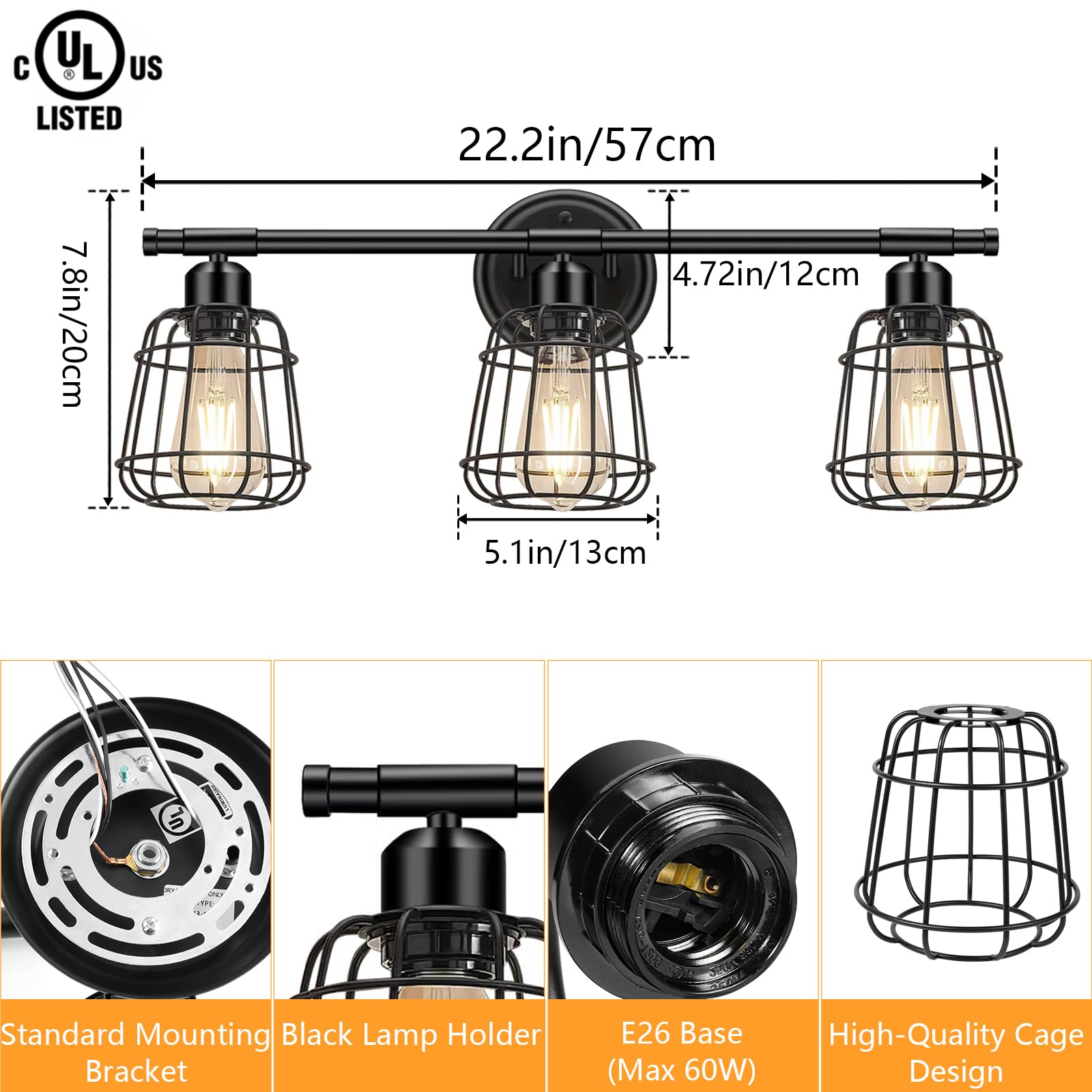 Elibbren 3-Light Bathroom Vanity Light, Matte Black Metal Cage Fixtures, E26 Base, UL Listed, Model xinlongzi_cggz