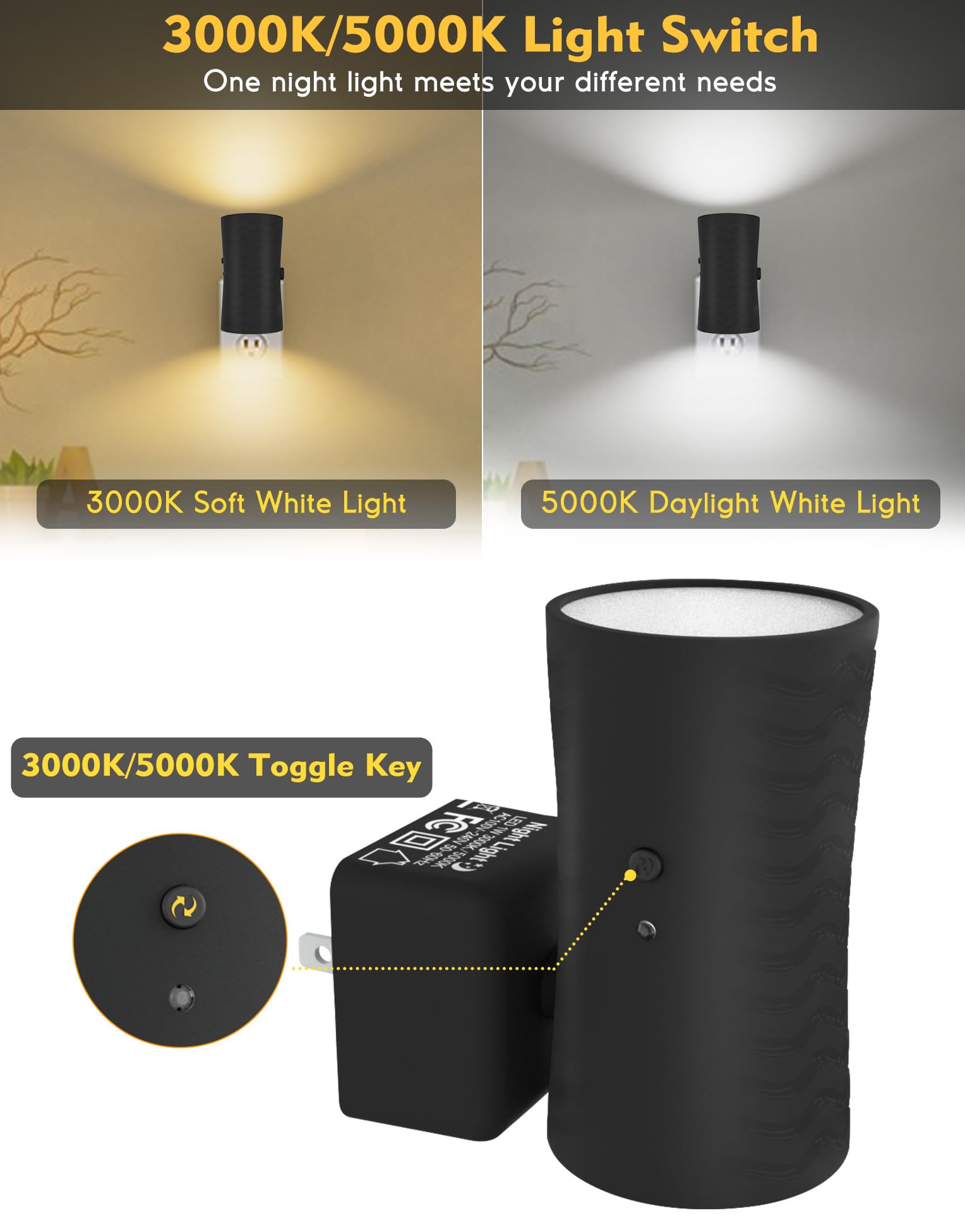 KKUP2U Night Lights, 360° Rotatable Plug-in, Dimmable, 3000K/5000K, Adjustable Brightness, Small, Black, 2 Pack