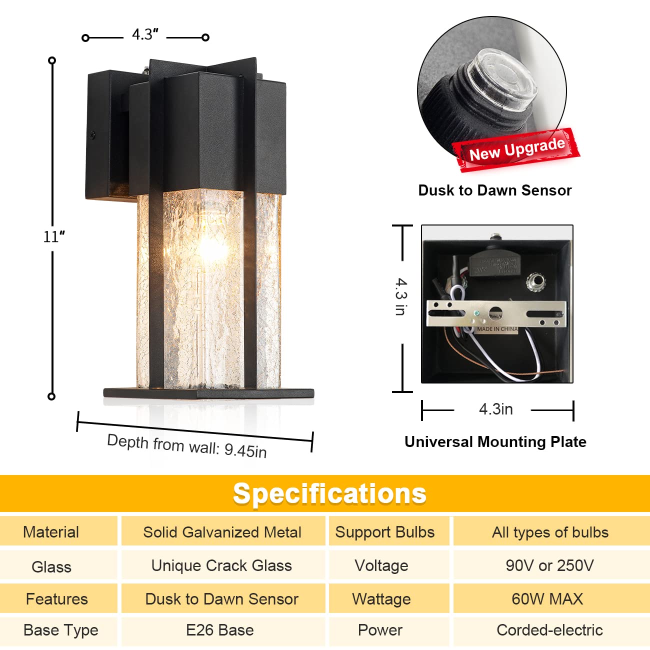 ZEGOLAER Dusk to Dawn Wall Light - Modern Outdoor Fixture with Crackle Glass, Black, Sensor for House, Garage, Front Door Lighting