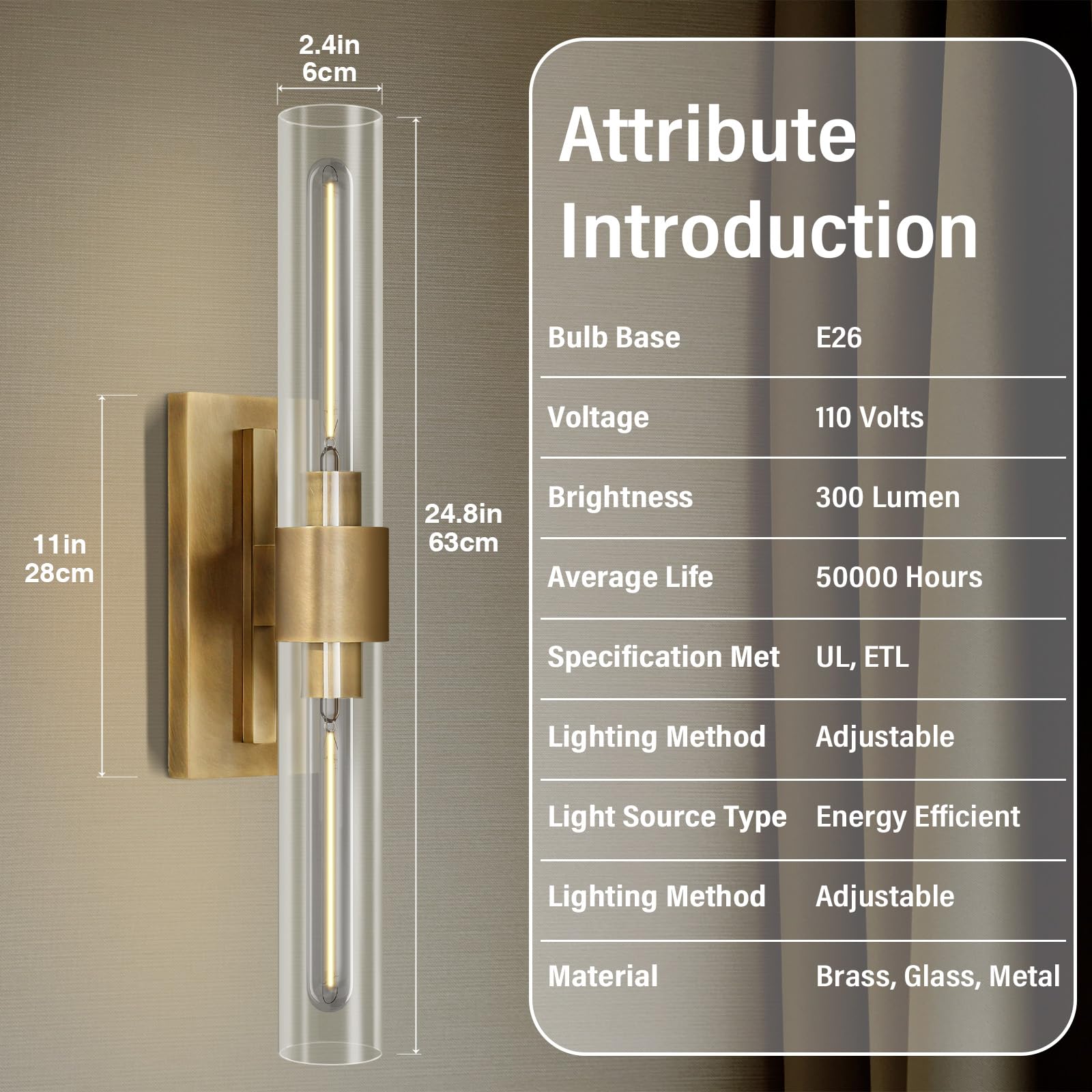 Yuexpand Gold Wall Sconces Set Of Two  Brass 22.8 Sconces Wall Lighting Bathroom Vanity Lights With Clear Glass Shade For Mirror  Living Room  Bedroom  Hallway  Fireplace  Staircase(Including Bulb)