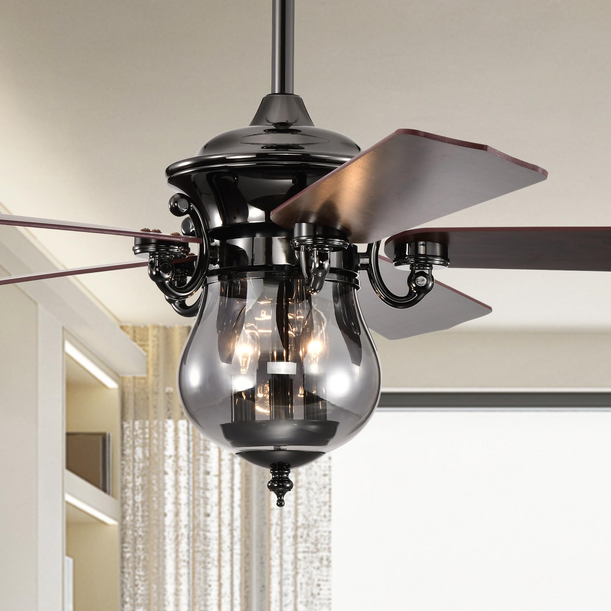 Home Accessories Anja Dark Pear Black Satin Gray 5-Blade 3-Light Lighted Ceilng Fan Smoked Glass Lamp Chandelier Includes Remote