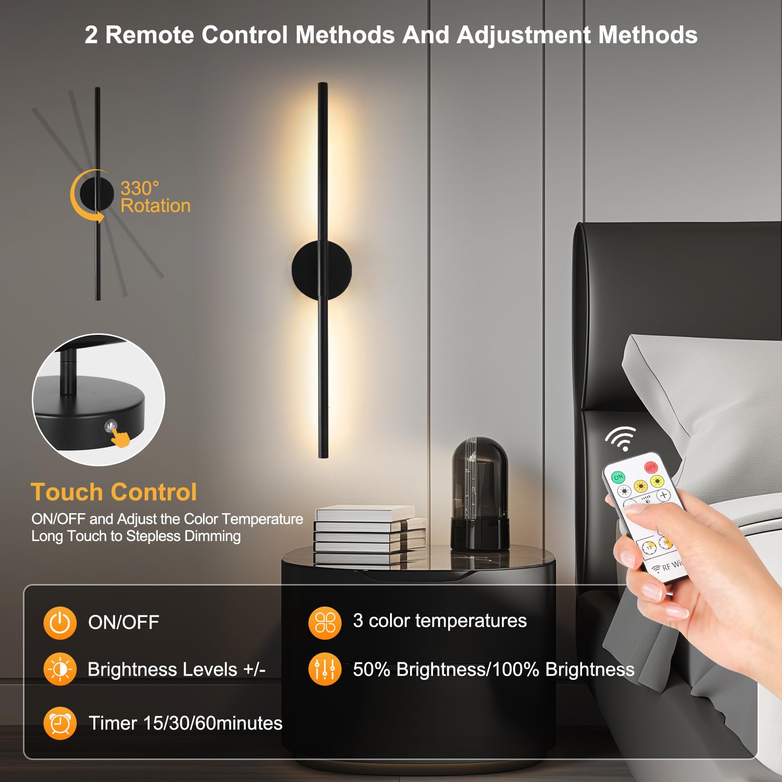 Hojoyri Wireless Battery Operated Wall Sconces With Remote, Black Rechargeable Led Wall Lights Set Of Two, Cordless Dimmable Bat