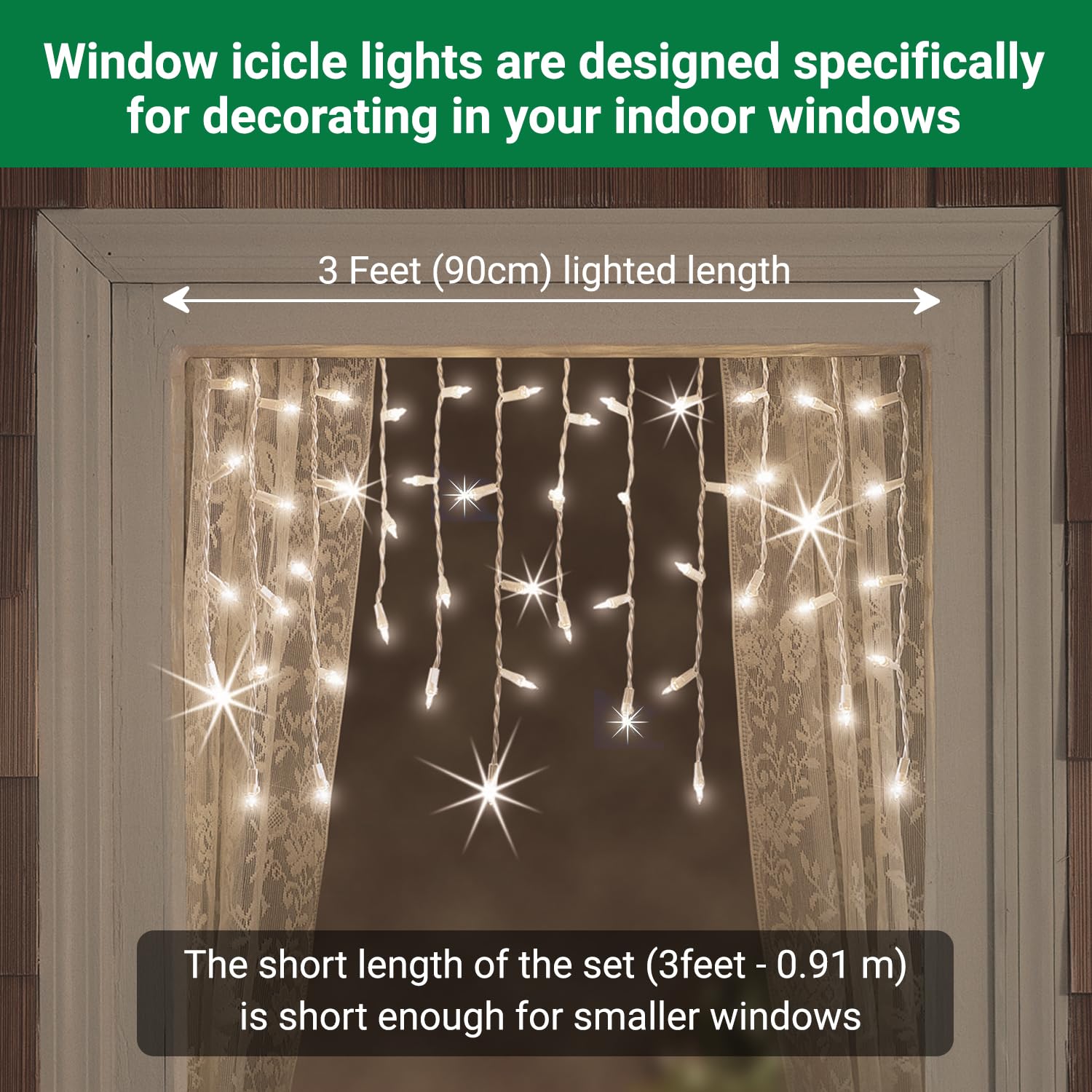 Tupkee Twinkle Window Icicle Lights - 50 Clear Bulbs, 3 Feet, Indoor/Outdoor, Model GSIZA-50A