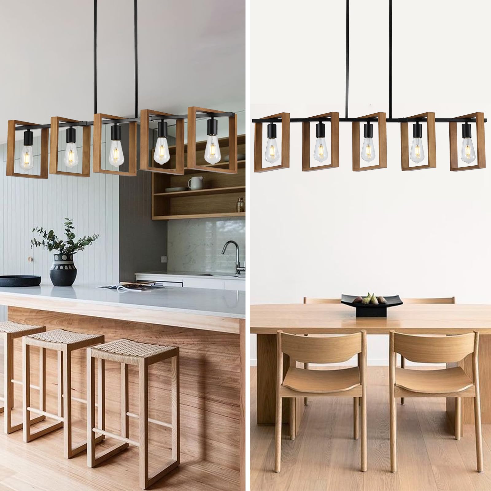 9Mmml 41.5'' Kitchen Island Lighting,5 Lights Dining Room Light Fixtures, Rustic Farmhouse Height Adjustable Wood Chandeliers Fo