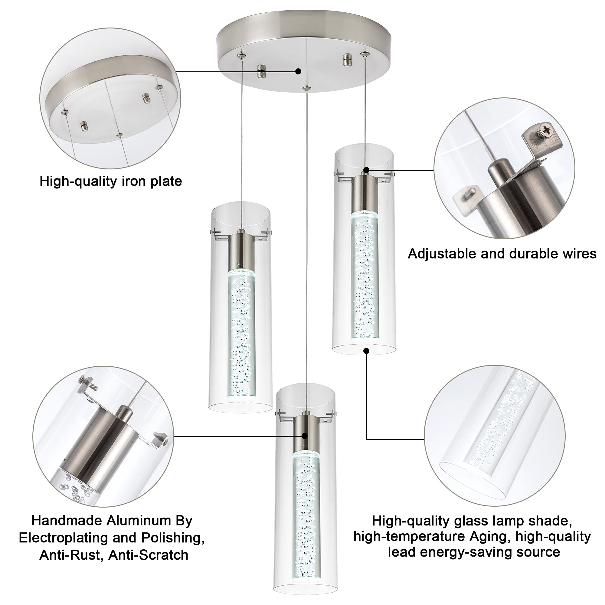votag 3-Light LED Pendant Ceiling Fixture, Brushed Nickel, Adjustable Length, Model PI-0172, for Kitchen Island & Dining Room