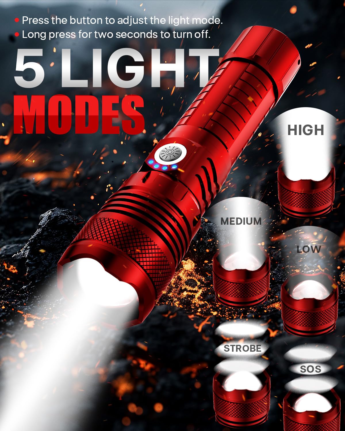 Victoper Red LED Tactical Flashlight, Rechargeable, 5 Modes, Zoomable, Waterproof, P50 1 Pack