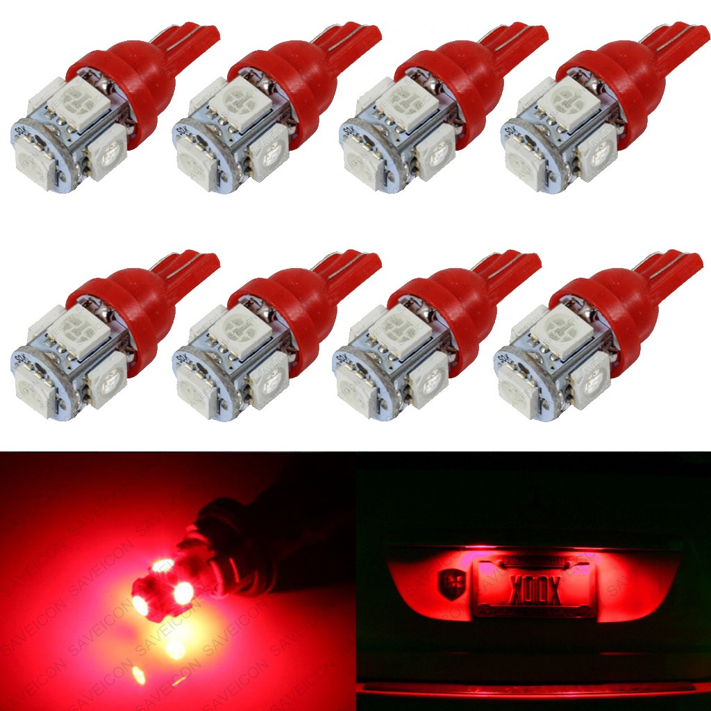 SAWE LED License Plate Dome Map Lights Bulbs, 5-SMD, Pack of 8, Red