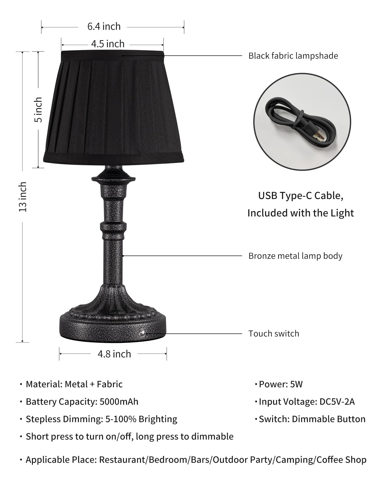 KDG Cordless Table Lamp Set of 2 - LED Fabric Shade, 5000mAh Battery, 2700K Dimmable Light, Mottled Silver, Model AMZ-TBL