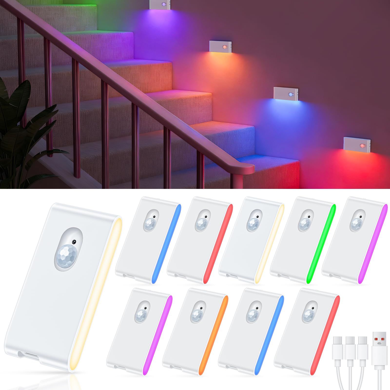WILLED Motion Sensor Night Light, RGB & Warm White Stair Lights Indoor, Rechargeable Color Changing Night Light, Wireless Motion