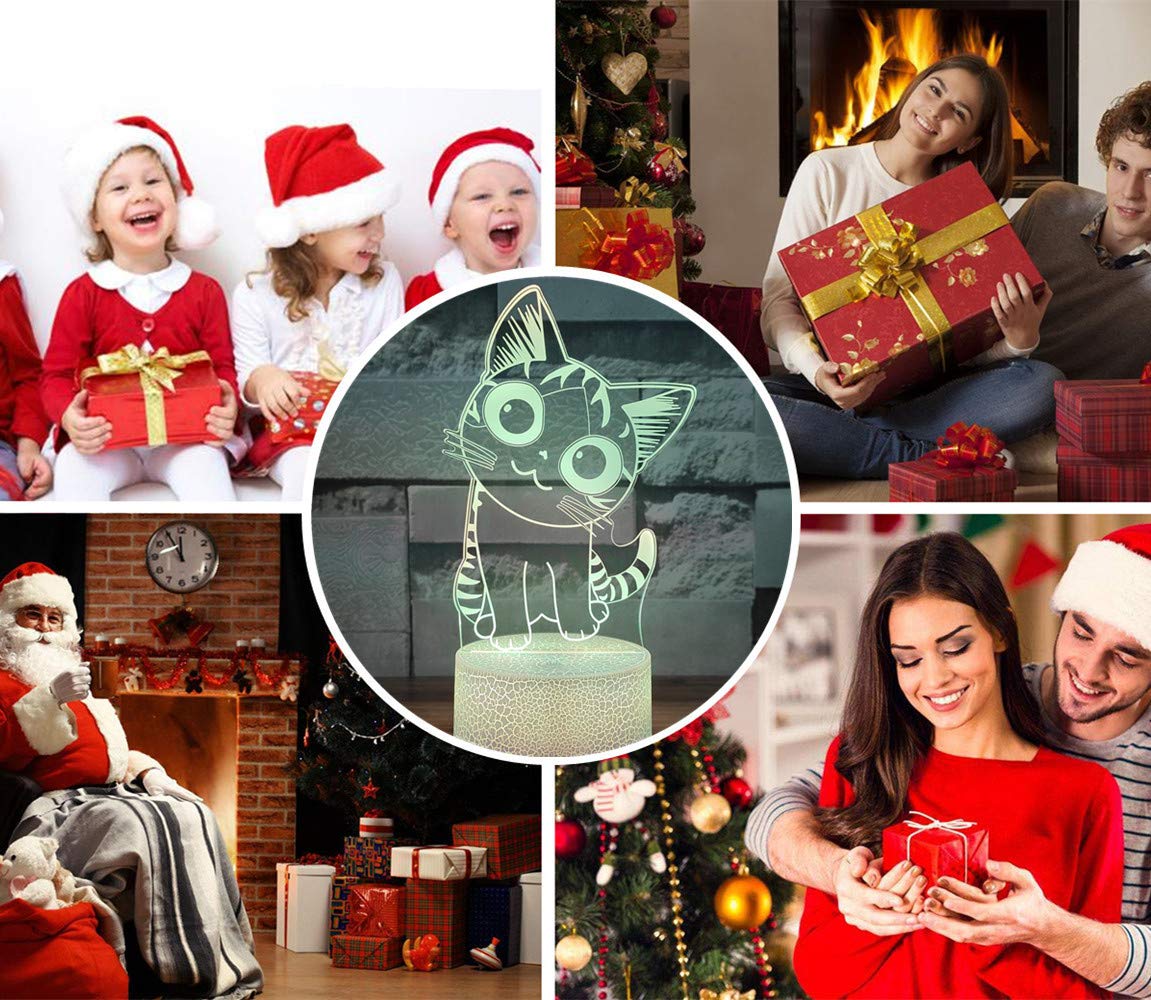 i-CHONY Cat Night Light for Girls,3D Optical Illusion Lamp 16 Colors Dimmable Led Light with Remote & Luminous Base,Cat Gifts fo