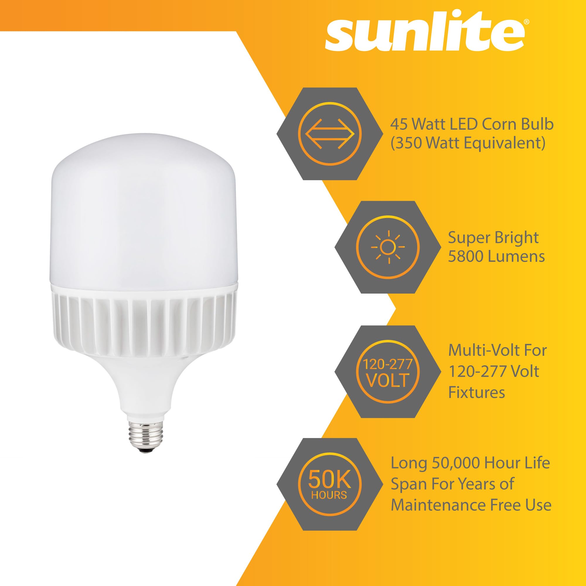 Sunlite Led T36 Super Bright High Lumen Corn Light Bulb, 45 Watts (350W Equivalent) 5800 Lm, Medium E26 Base, 120-277 Multi Volt