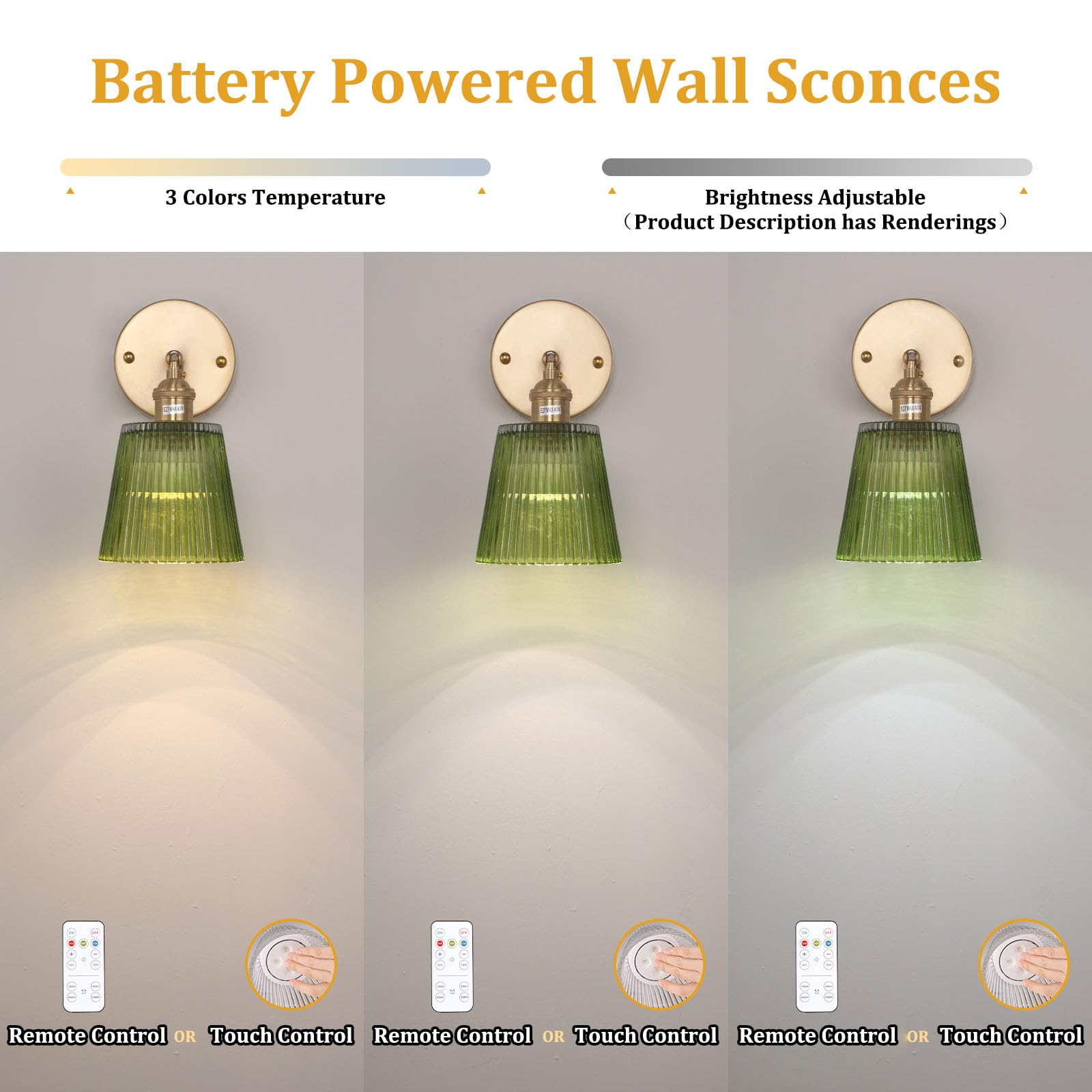 Shenmoyl Vintage Battery Operated Wall Sconce, Green Stripe Glass Lampshade, Remote Control, 1 Light, Model 1-9330