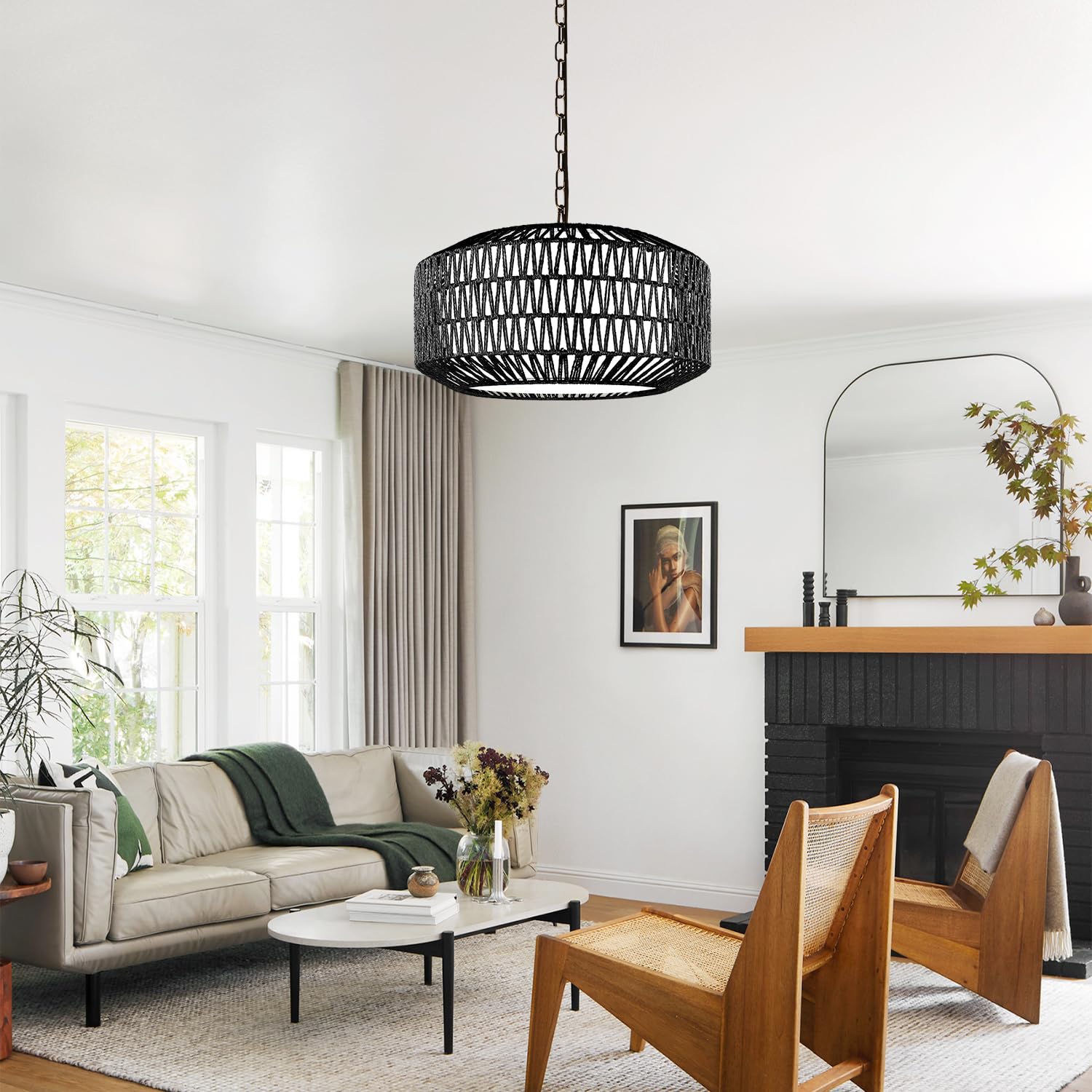 Lynnoland Farmhouse Black Chandelier Light Fixture  5-Light Rustic Boho Chandeliers With Rattan & Linen Shade  Black Hanging Lighting For Dining Room  Kitchen Island  Bedroom (Bulbs Not Included)