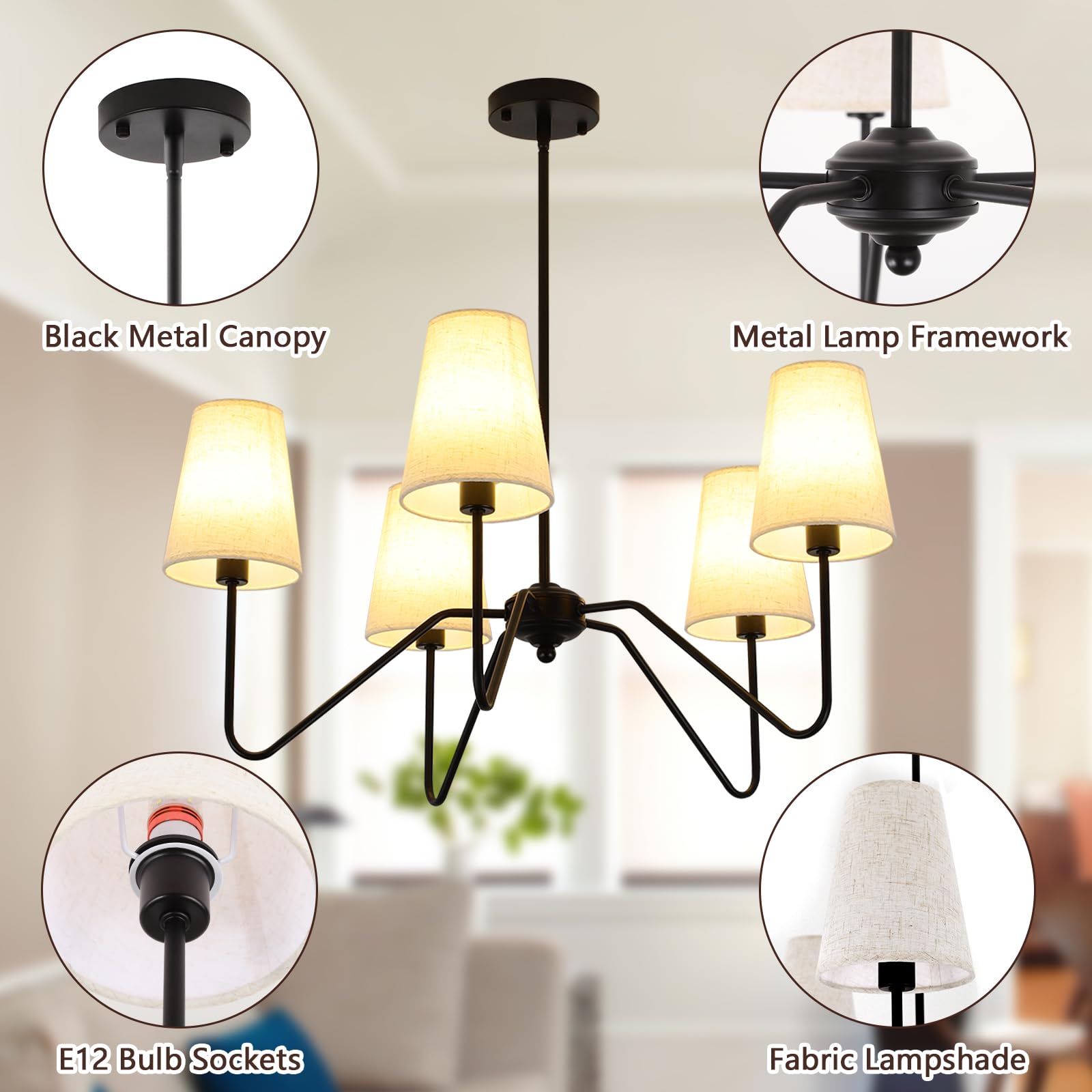 FIYUEOYI 5-Light Modern Chandelier - Adjustable Height, Linen Beige Shade, Metal, A-Black, Model YUX2 for Living Room, Dining Room, Bedroom