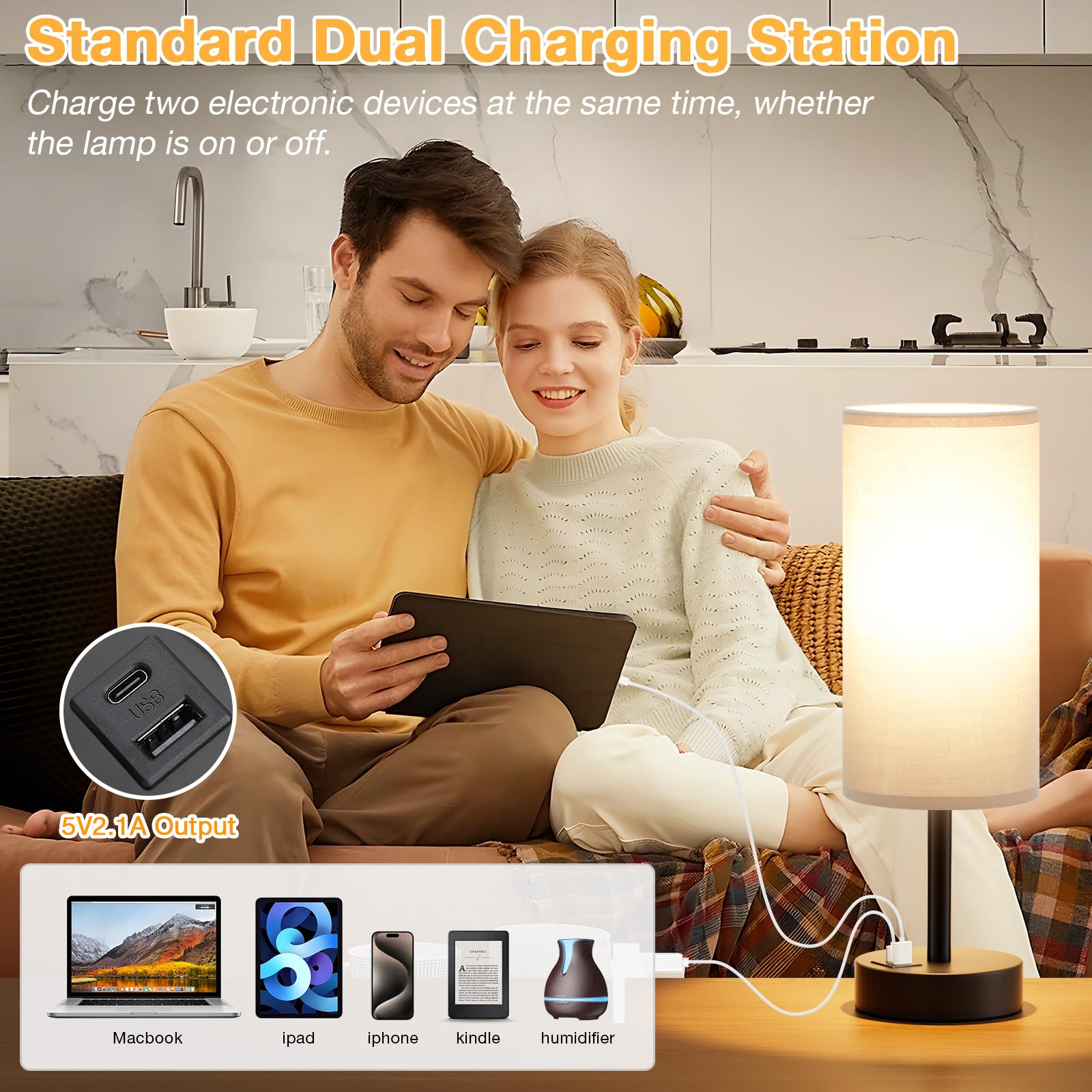 Grey Touch Bedside Lamp With Usb - 3 Way Dimmable Table Lamp For Bedroom, Nightstand Lamp With Black Charging Station For Desk D