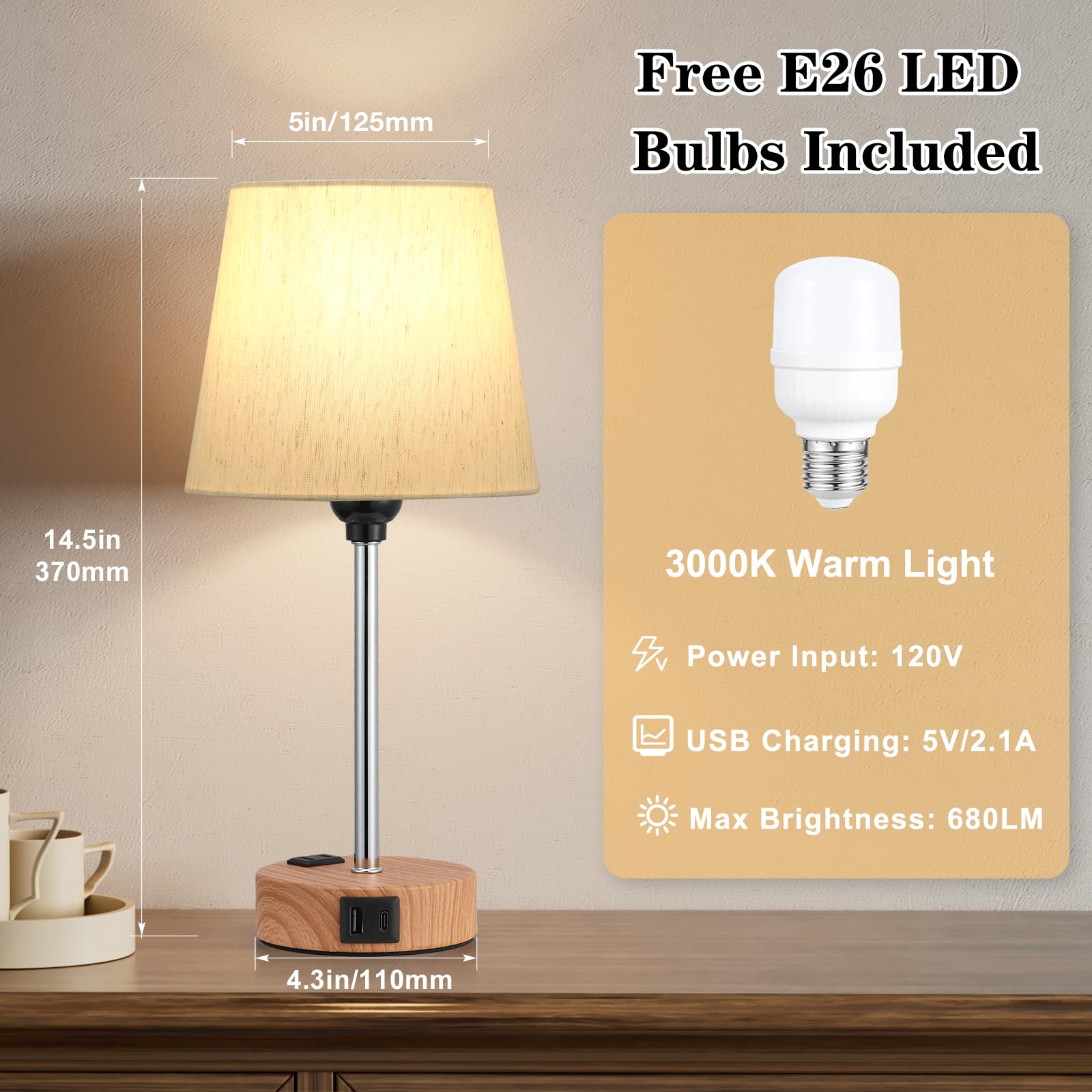 Acaxin Bedside Lamps For Bedrooms Set Of 2 - Nightstand Bedroom Lamp With Usb C Port And Ac Outlet Charging, 3 Way Dimmable Touc