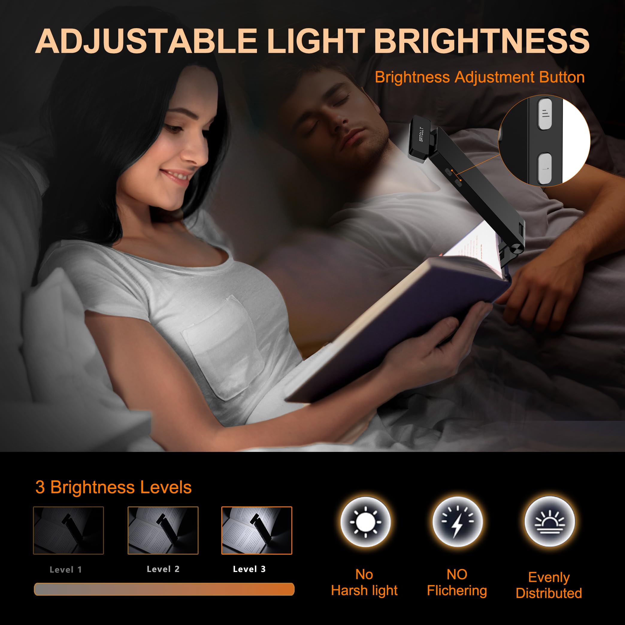 SRTCLLT Book Light, Rechargeable 1500mAh, 3 Color Adjustable, 3 Brightness, Portable Night Lamp, ABS Material, Without Screen