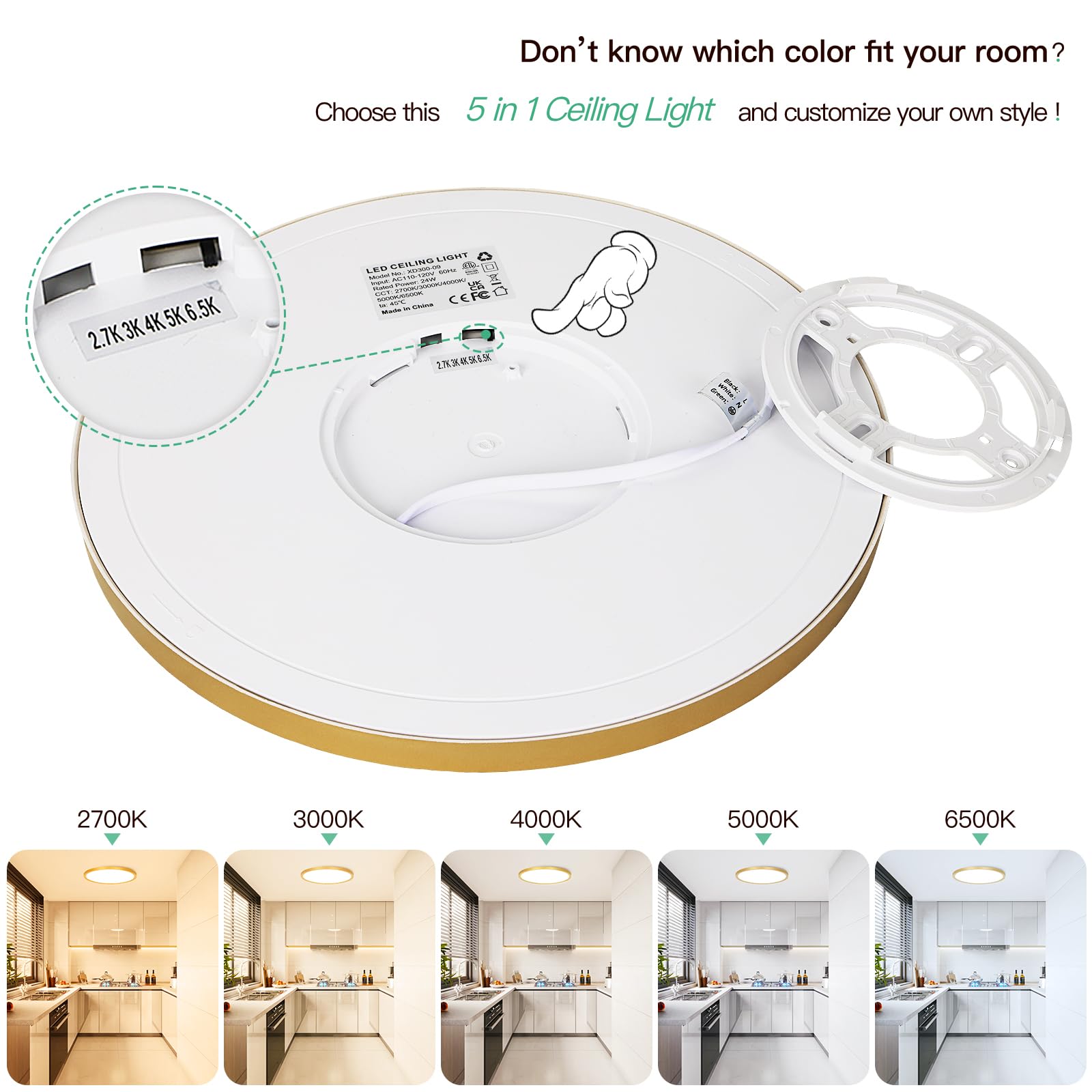 Brightever Gold Led Flush Mount Ceiling Light Fixture  12 Inch 24W  Super Slim 0.67 Inch 3200Lm Led Ceiling Lights  Dimmable & 2700K-6500K 5 Color In One Ceiling Lamp For Bedroom  Porch  2 Packs