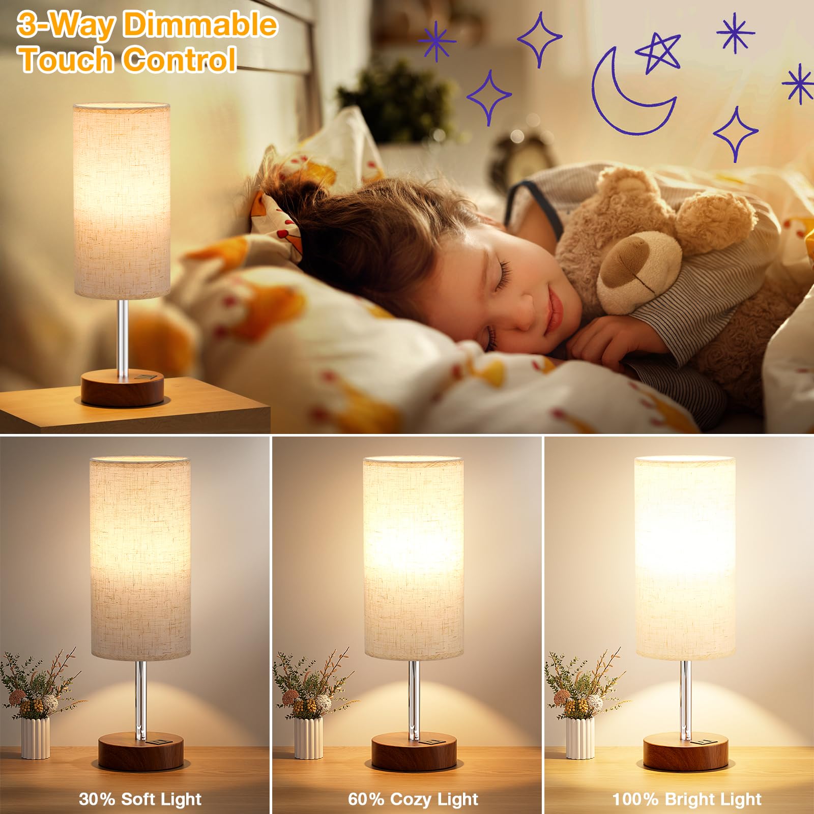 Touch Bedside Table Lamp With Usb - 3 Way Dimmable Redwood Lamps For Bedroom Nightstand, Desk Lamp With Charging Station For Dor