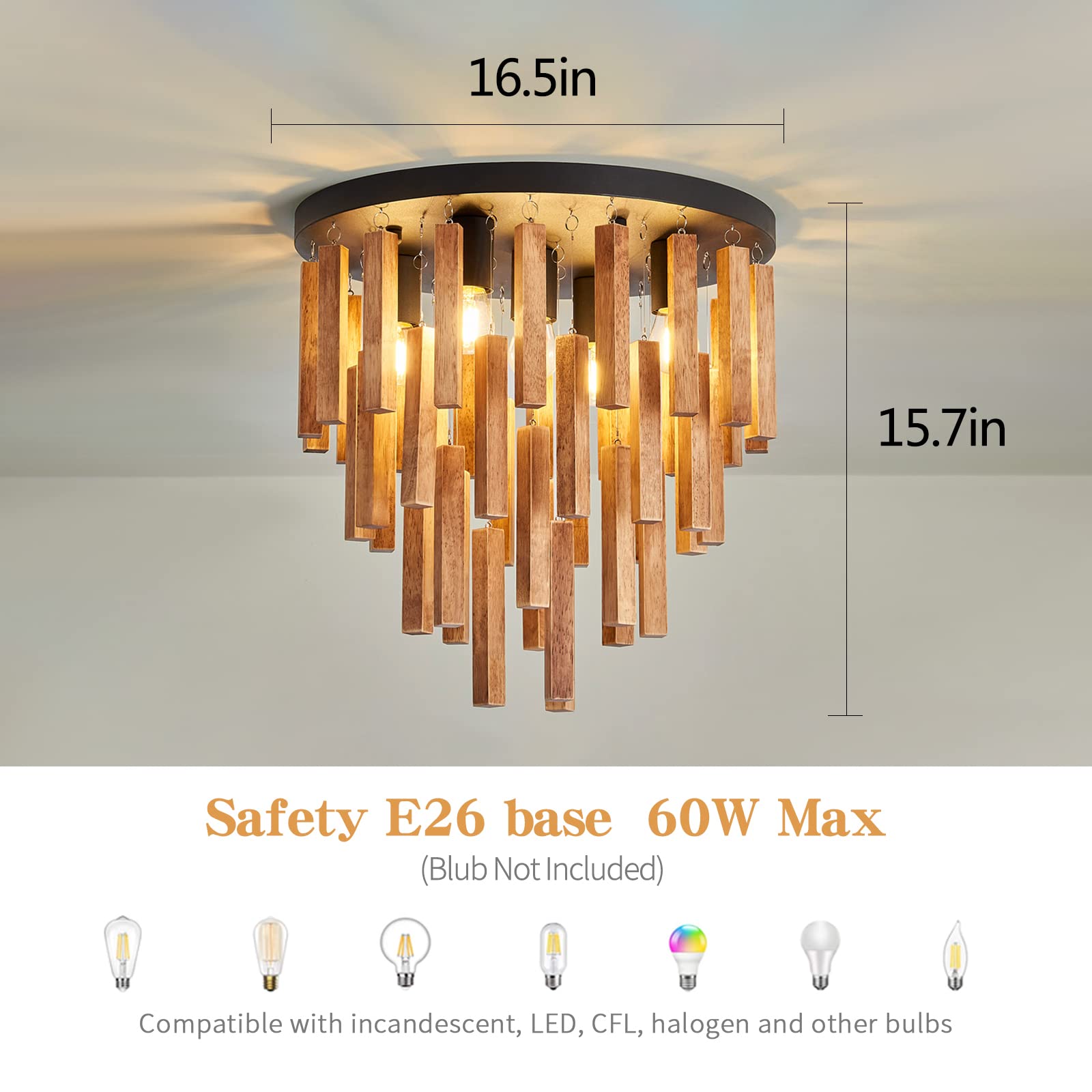 Fivootvi 5-Light Semi Flush Mount Ceiling Light Fixture, Rustic Wood Chandelier, Iron, 15.7in, Oak and Black for Farmhouse, Kitchen, Living Room