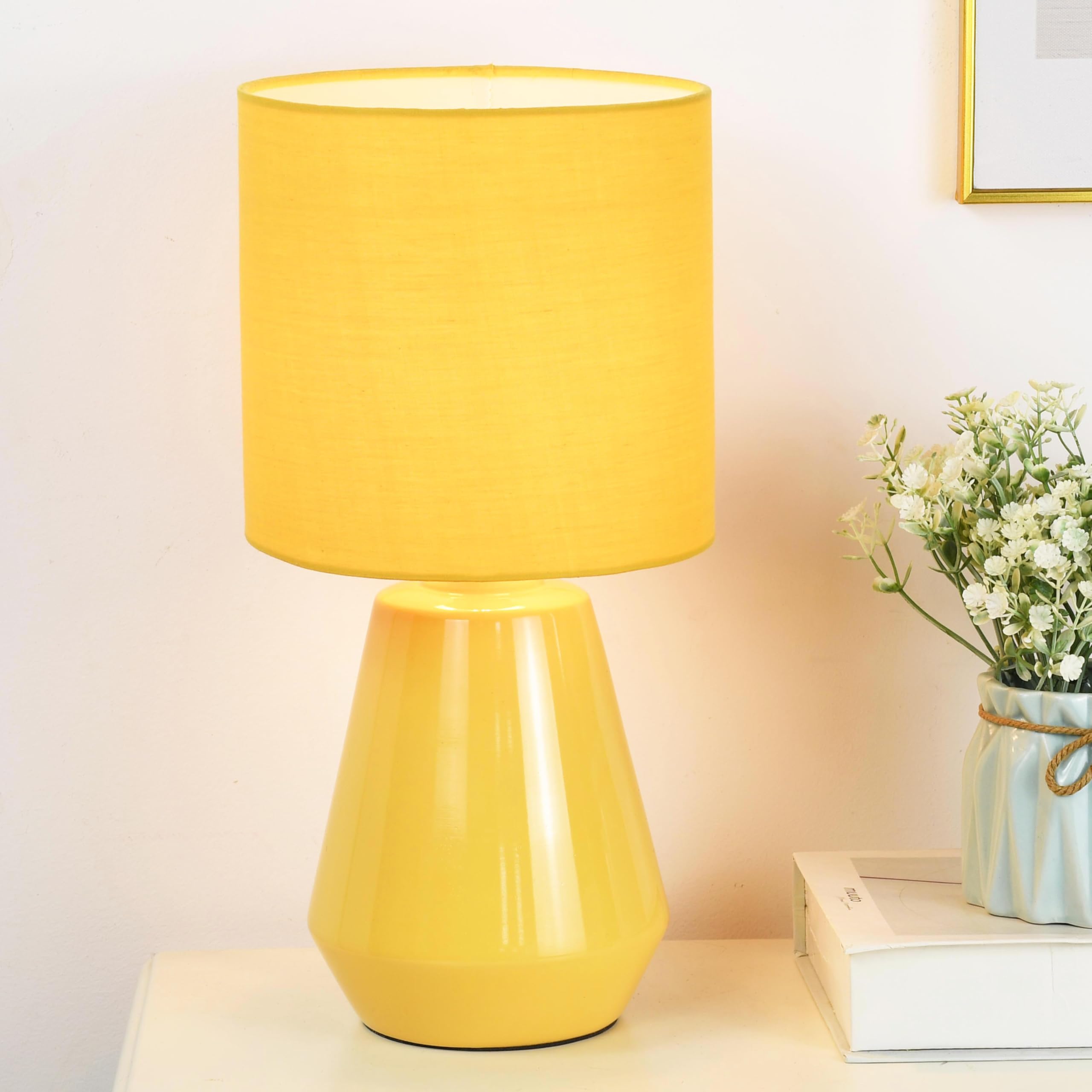 Lampwell Vane Small Ceramic Table Lamp for Living Room and Bedroom,Modern Kids Night Table Lamp,F7.09  H13.39IN,Bulb Excluded,Ye