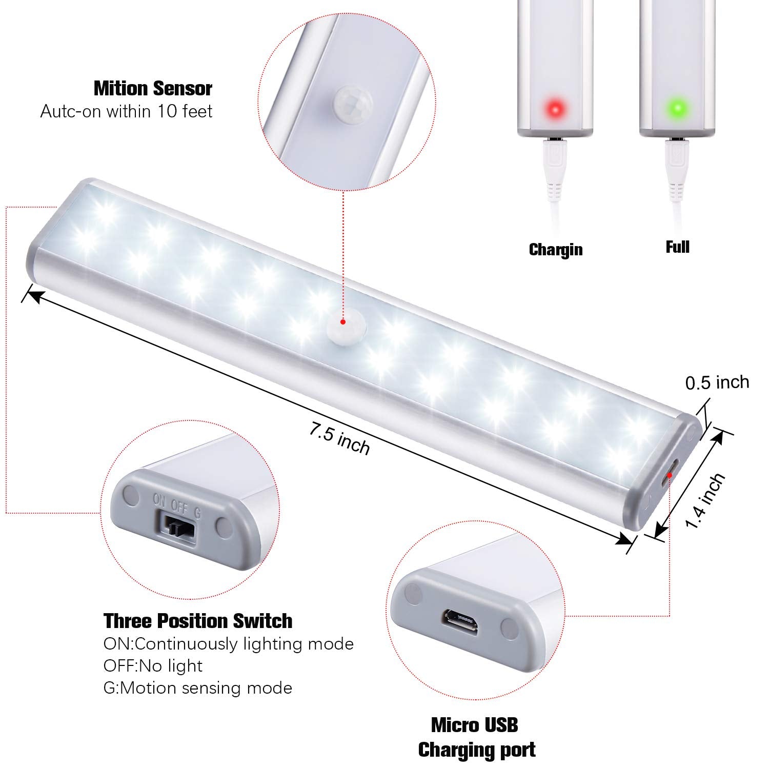 Lepotec Motion Sensor Cabinet Lights, Usb Rechargeable 20 Led, Silver-White, Portable & Cordless, Model 20Led-2 (2 Pack)