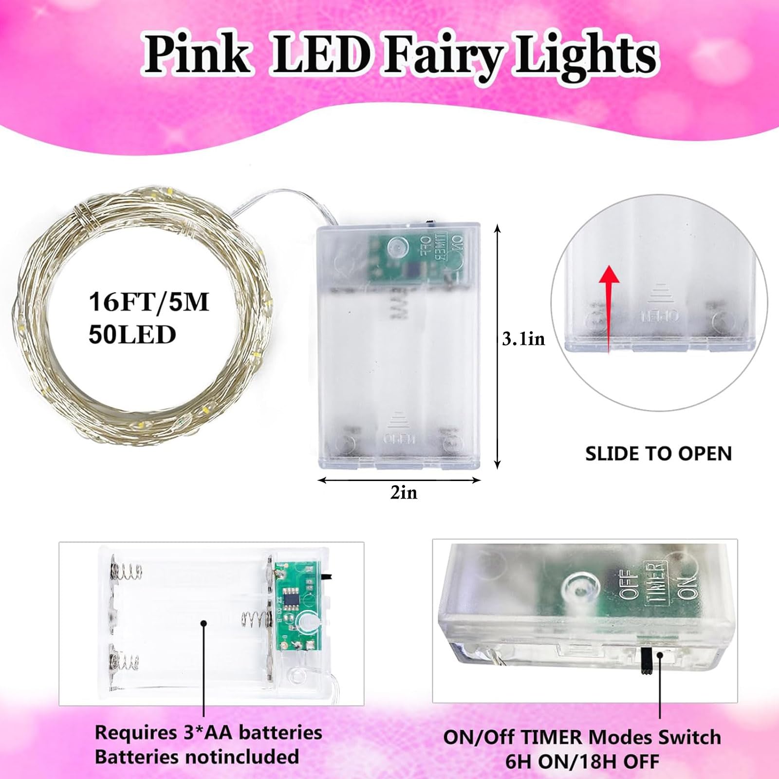 EXF 50 LED Pink Fairy Lights, 4-Pack, Battery Operated, Waterproof, 16FT, Model YHY-BO50LED, for Indoor/Outdoor Decor