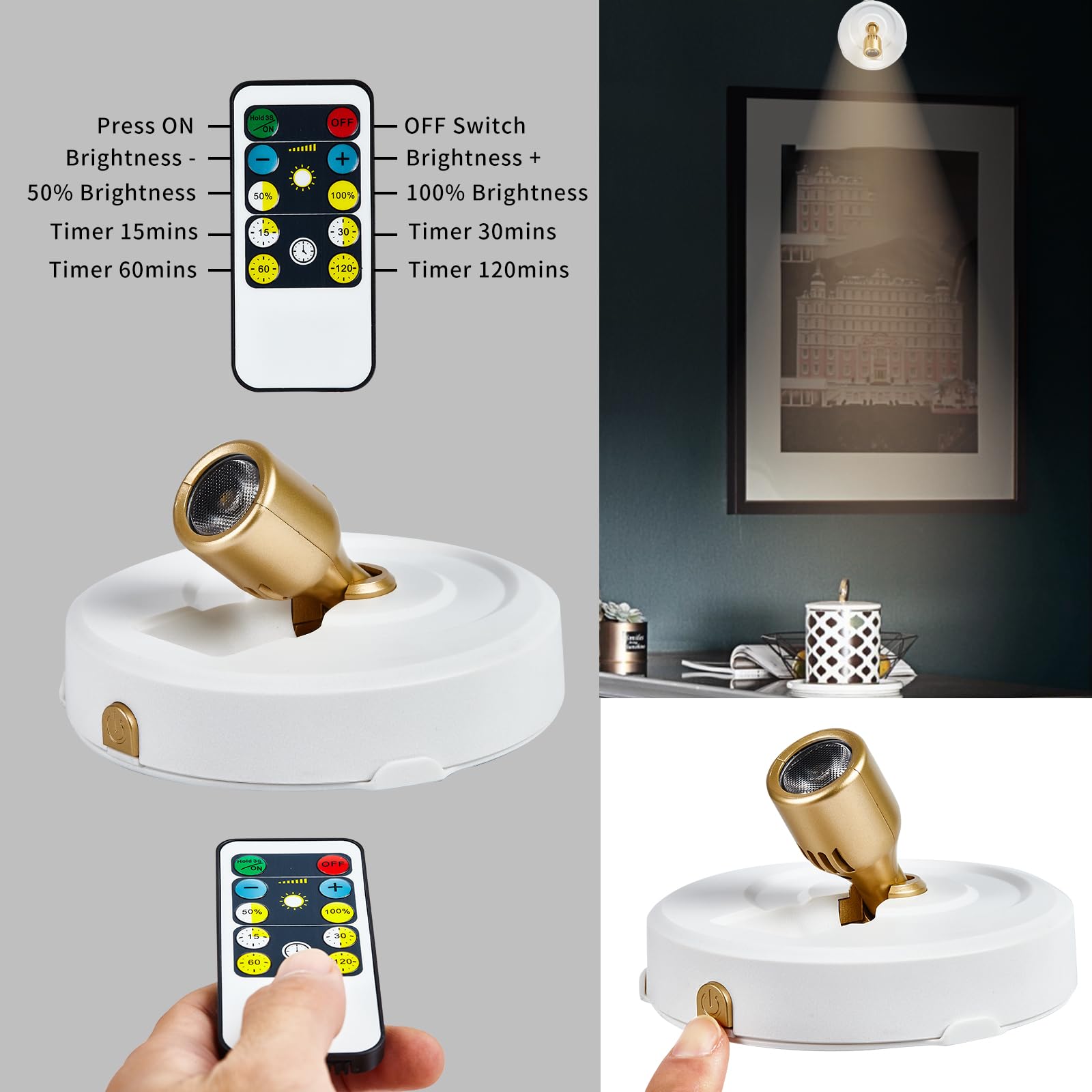 Hofuy Wireless Spotlight Battery Operated, Dimmable Led Accent Light With Remote Control, 3000K Warm White Uplight Focus Light F