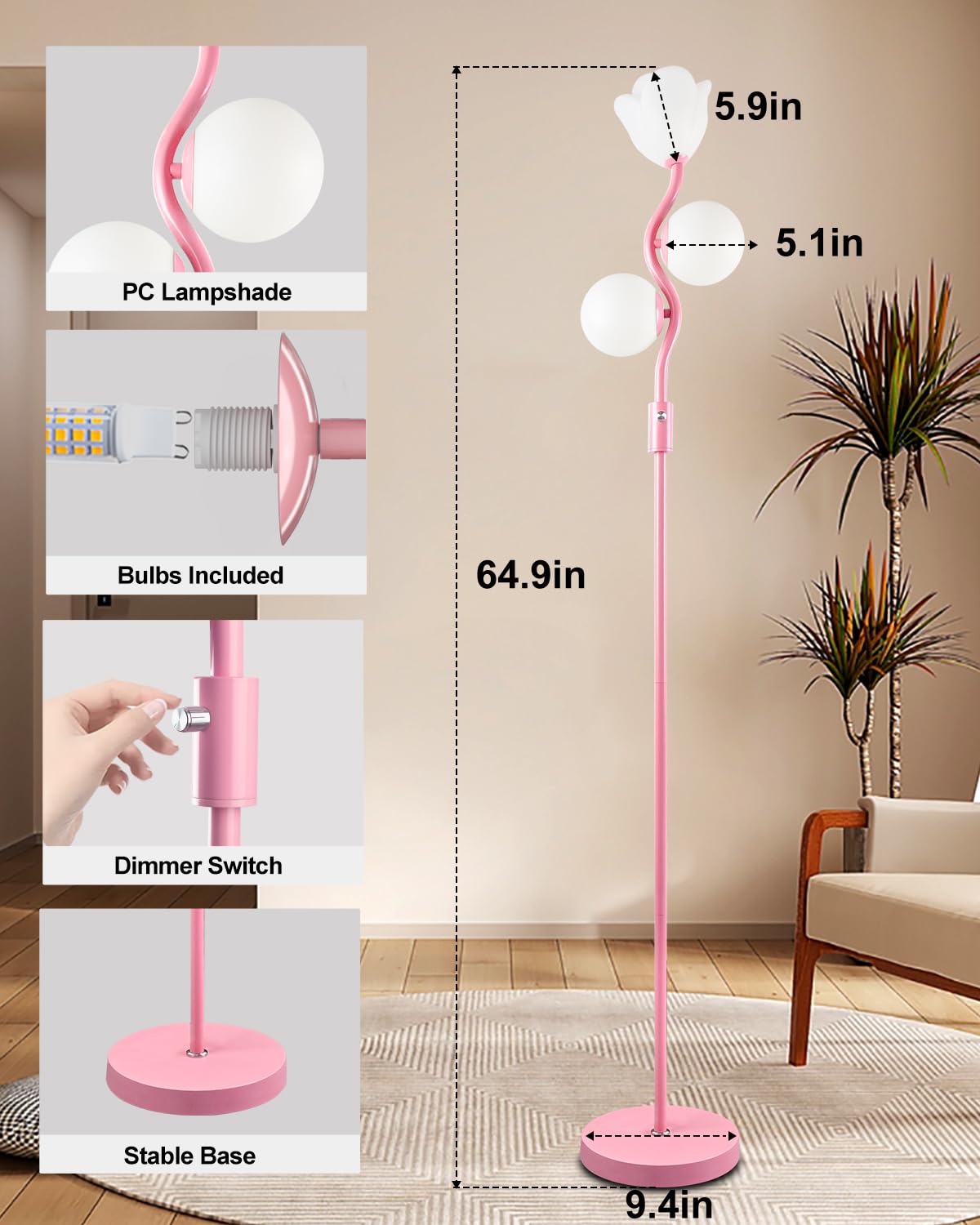 Lightdot 65In Dimmable Pink Floor Lamp For Living Room, Mid Century Modern Tall Standing Lamps With 1 Flower & 2Globe Lampshades