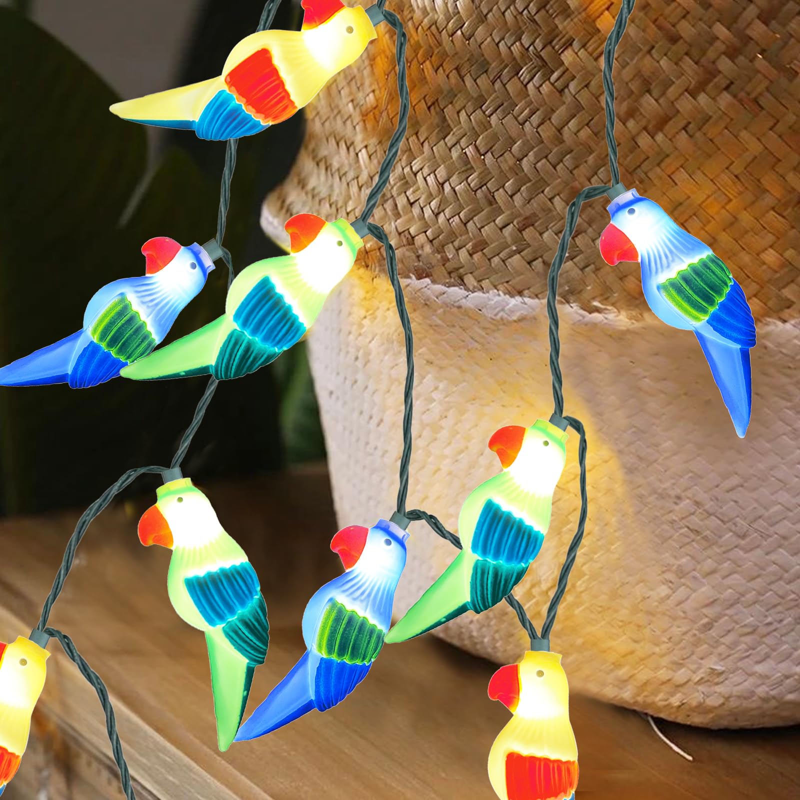 SUNSGNE LED Parrot String Lights, 8.5ft Indoor Hanging Decor with 10 Plug-in Parrot Lights for Party, Birthday, and Holiday Decor