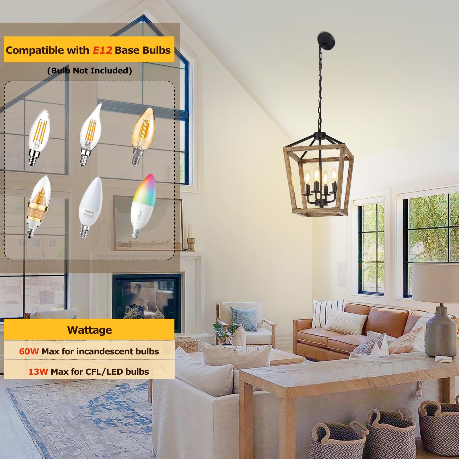 Seaside Village 4-Light Rustic Chandelier, Brown Metal Cage Lantern, Adjustable Chain, E12 Base, Model 76189 for Entryway & Kitchen