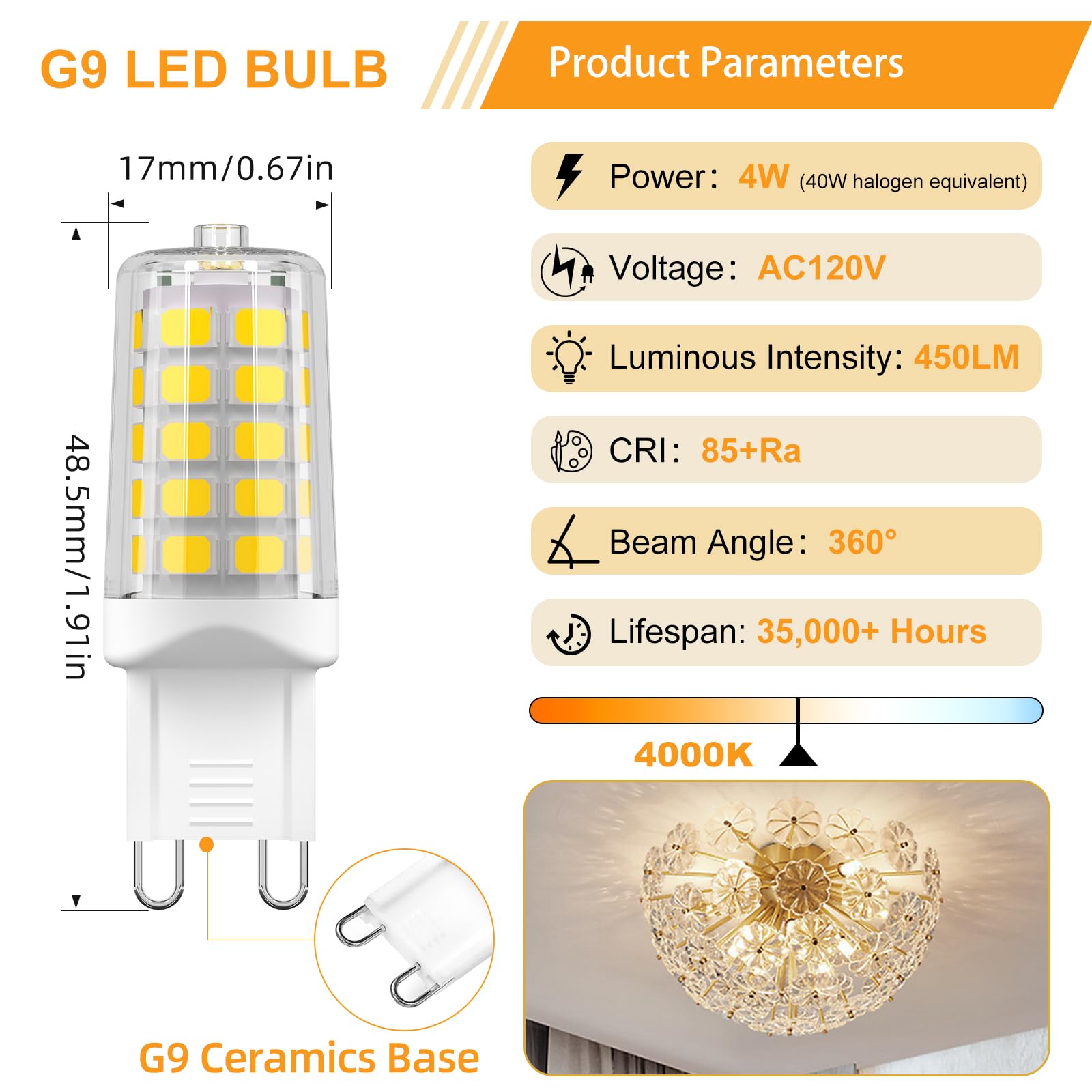 Baoming G9 Led Bulb Neutral Whitet 4W  40W T4 G9 Halogen Equivalent 4000K 120V No-Flicker  Chandelier Lighting 450Lm Non-Dimmable (12 Pack)