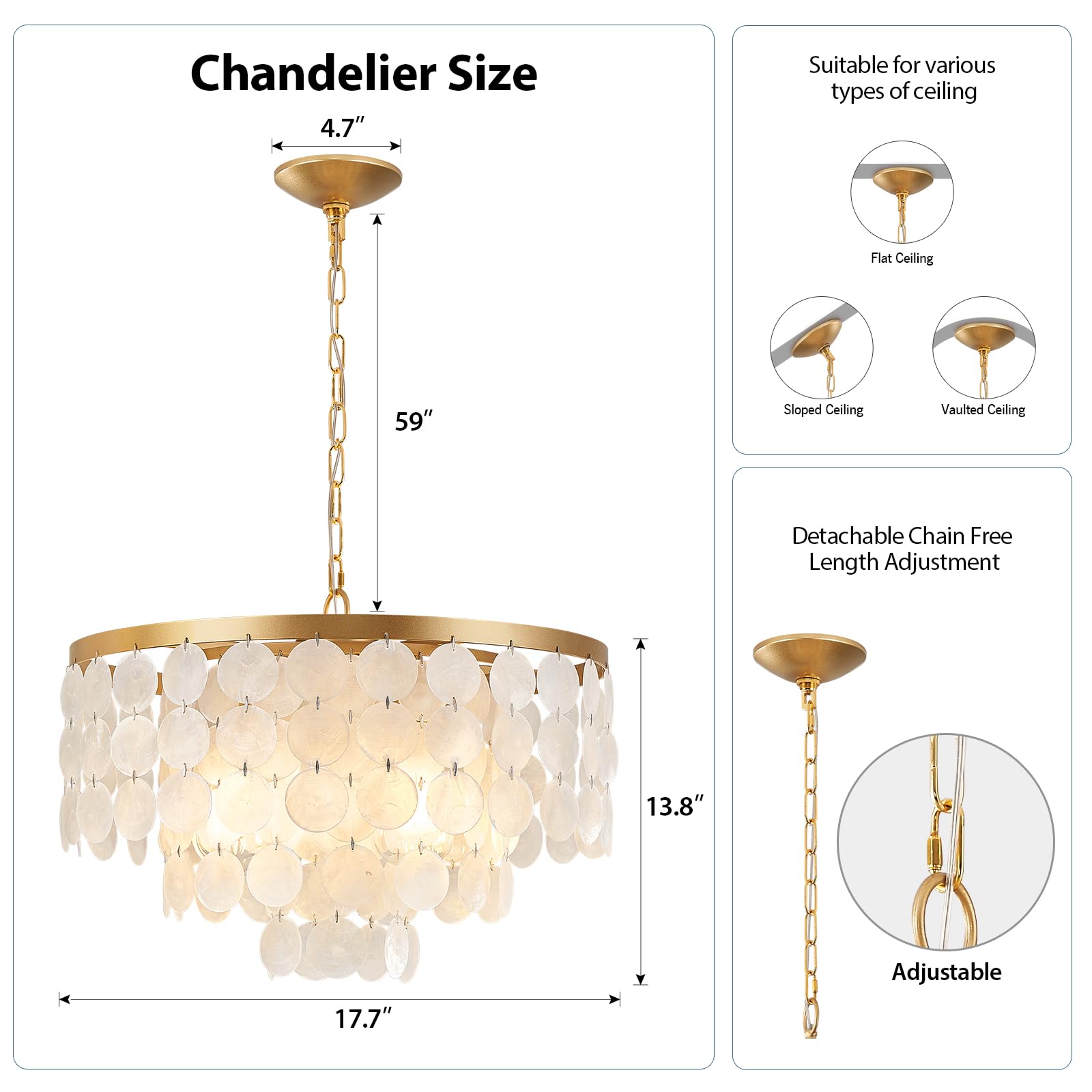 HLMRCHEN Shell Chandelier, 4-Light Capiz Pendant Light Fixture, White & Gold, Model F092-450 for Foyer, Kitchen Island, Dining Room