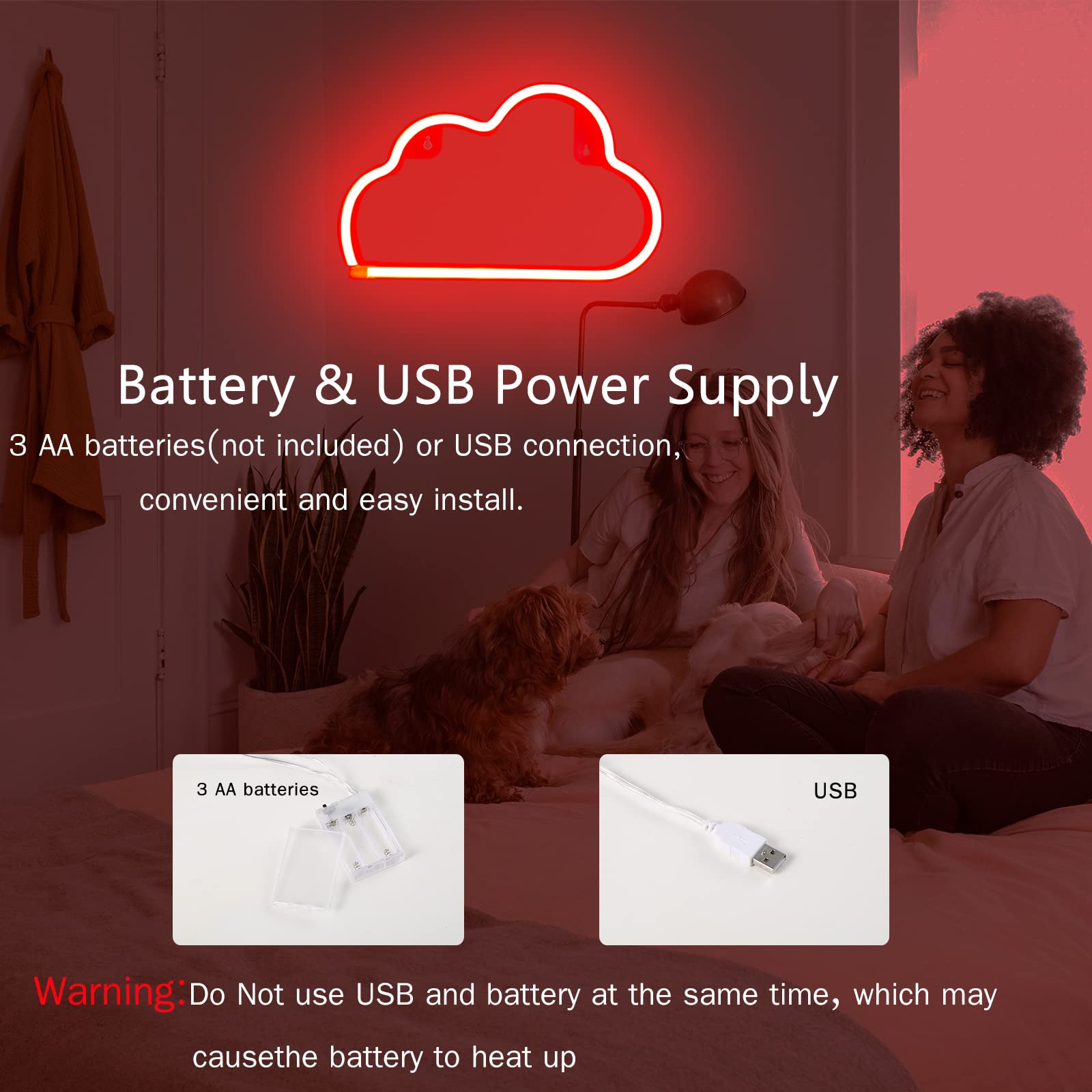 Cloud Neon Signs, Led Cloud Neon Light For Wall Decor, Battery Or Usb Powered Cloud Sign Shaped Decoration Wall Lights For Bedroom Aesthetic Teen Girl Kid Room Birthday Wedding Party Halloween (Red)