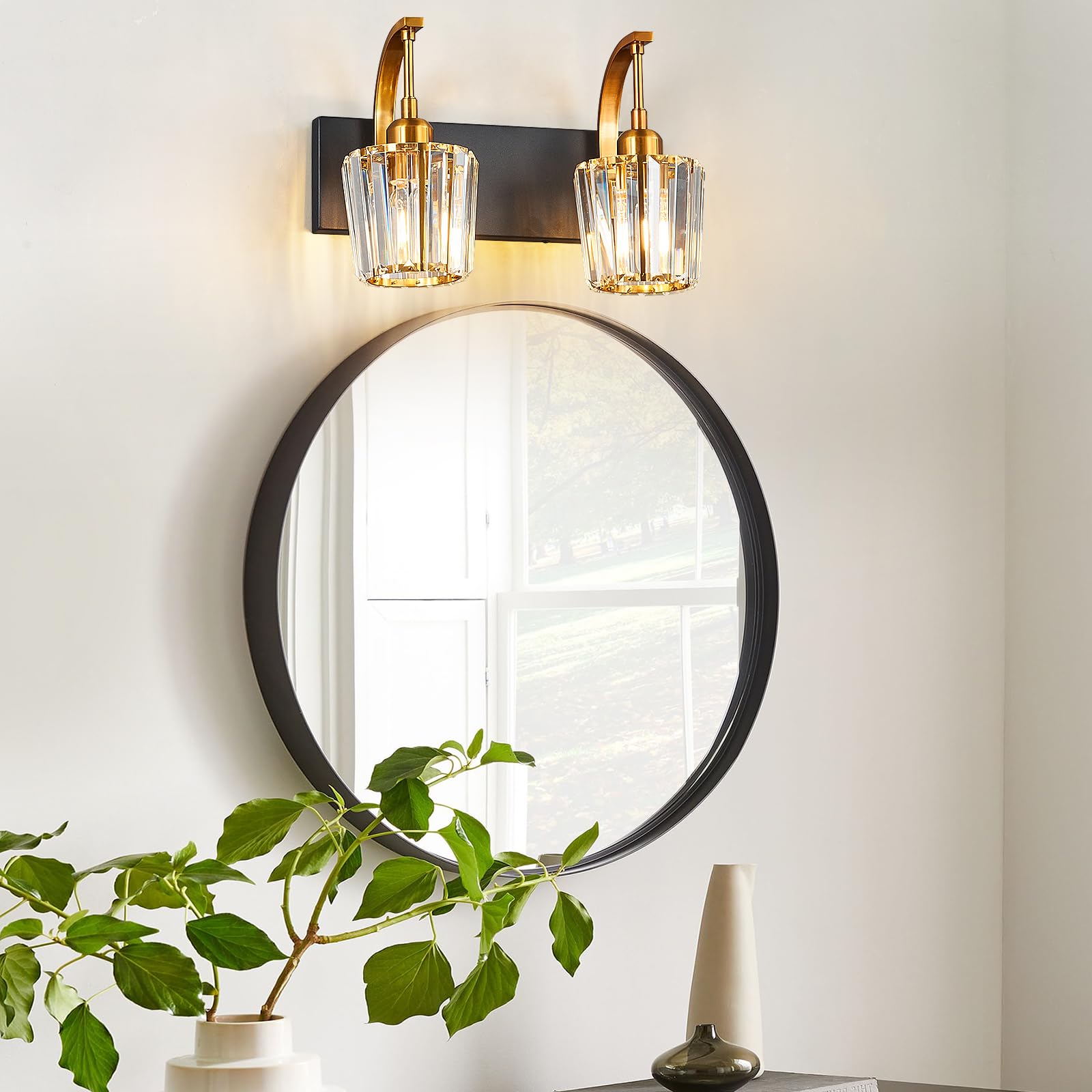 Fdpby Modern Bathroom Vanity Light  2-Light Black Gold Wall Sconce With Crystal Accents  Over Mirror Bathroom Lighting Fixture  13.77 Long Dimmable Vanity Lamp For Makeup  Easy Installation