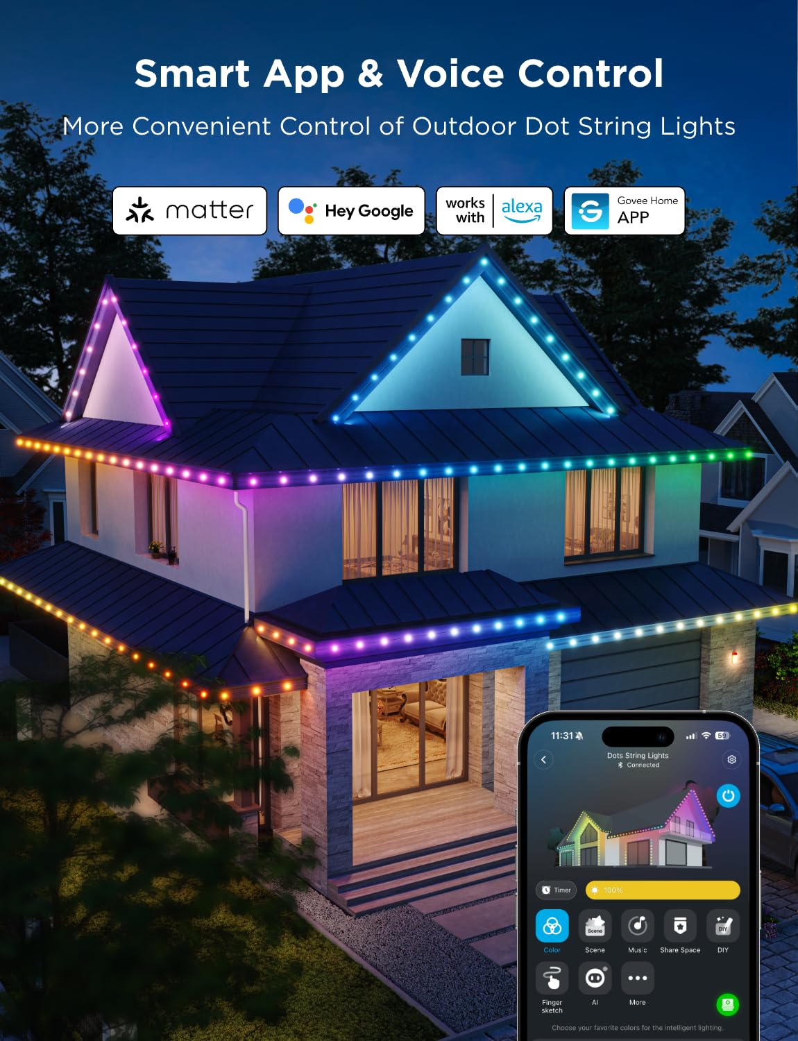 Govee 50ft Outdoor Dots String Lights, 45 Smart RGBIC LEDs, IP65 Waterproof, Works with Alexa & Google Assistant, Model H703A